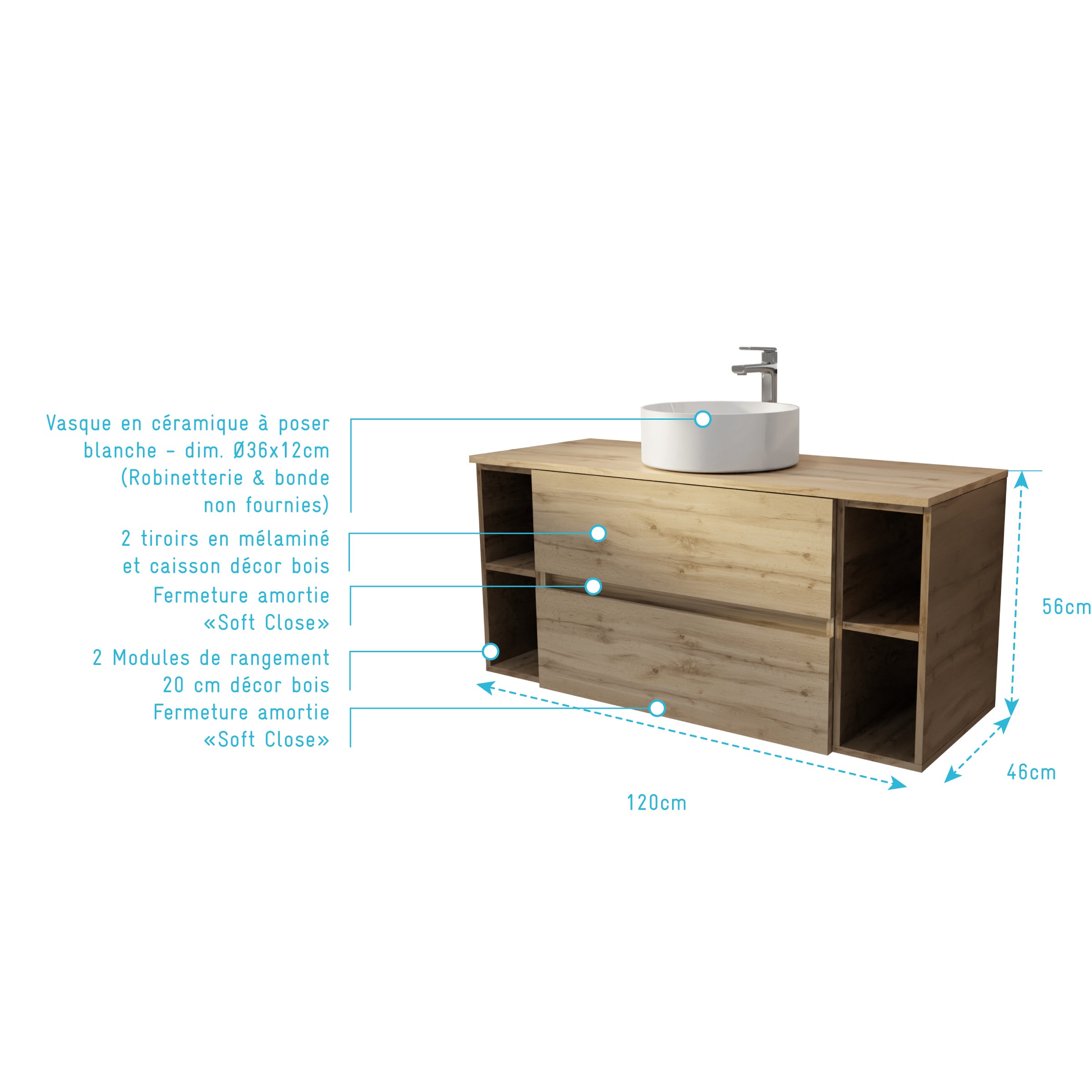 Meuble de salle de bains 120 cm TIMBER - Décor Chêne, 2 tiroirs, Vasque blanche à poser - 4