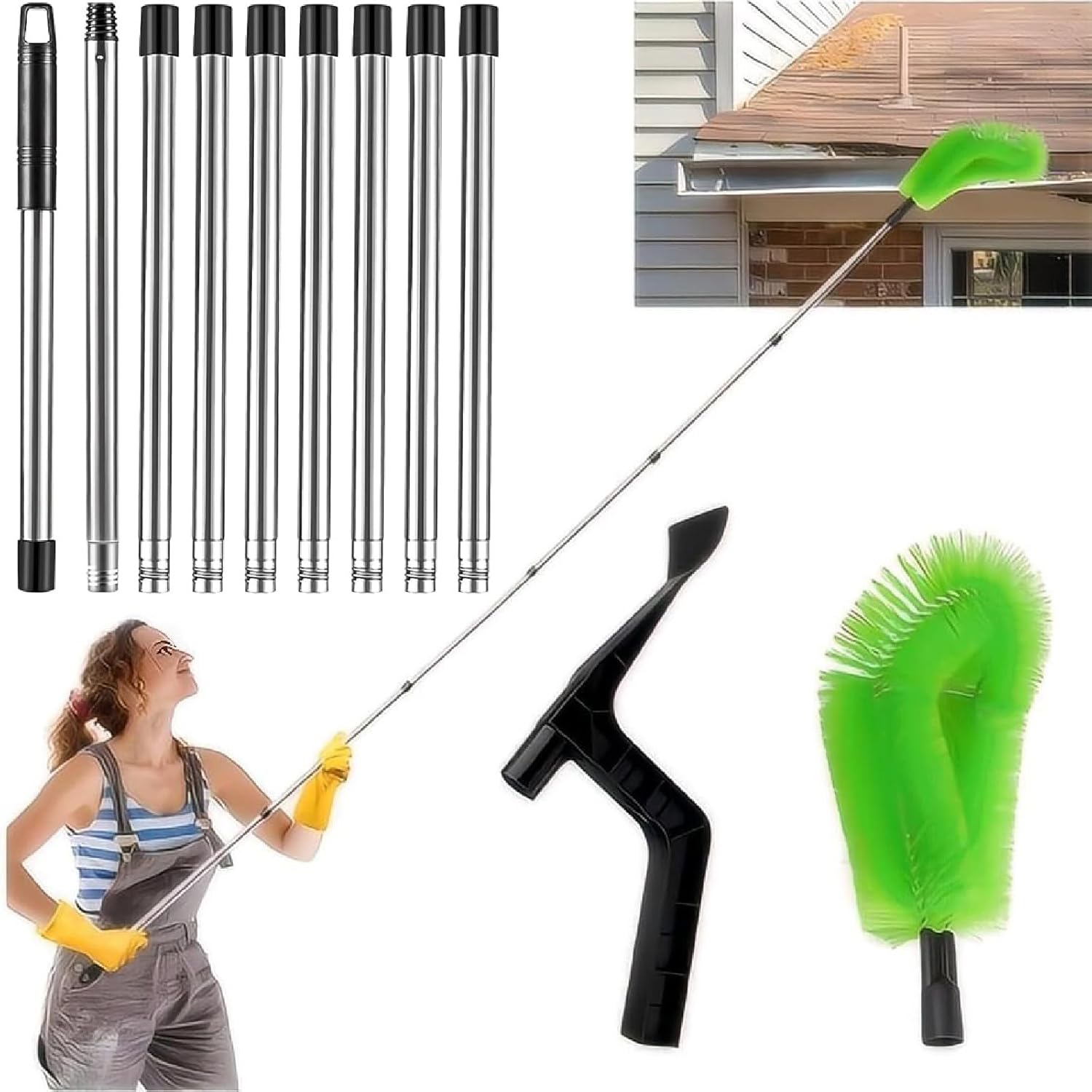 Bbipyc  Limpiador De Canalones De 360 Cm Y Pala De Limpieza 2 En 1, Cepillo Para Canalones Con Mango Telescópico De 9 Piezas, Limpiador De Canalones Fácil D , Leroy Merlin