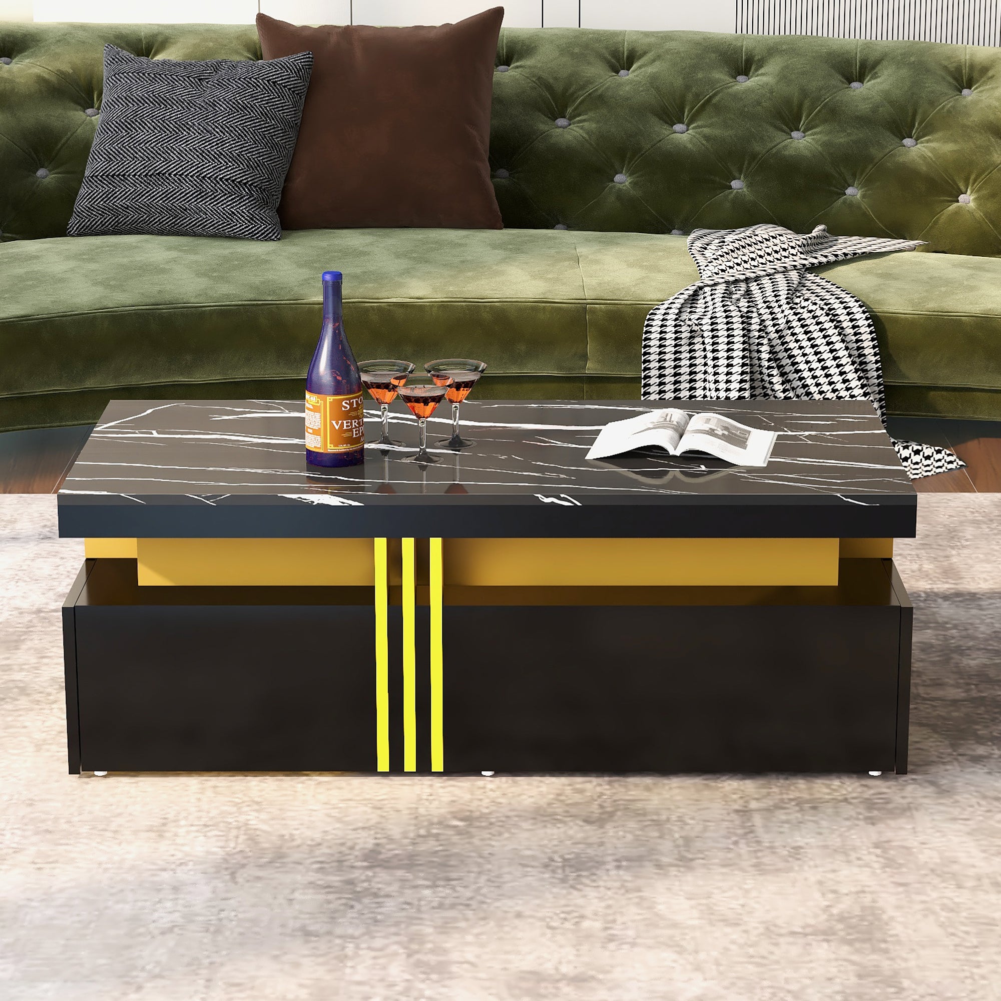 Table basse rectangulaire moderne avec plateau à motif PVC et 2 tiroirs en bois, table de salon, 100 x 50 x 40 cm - 3