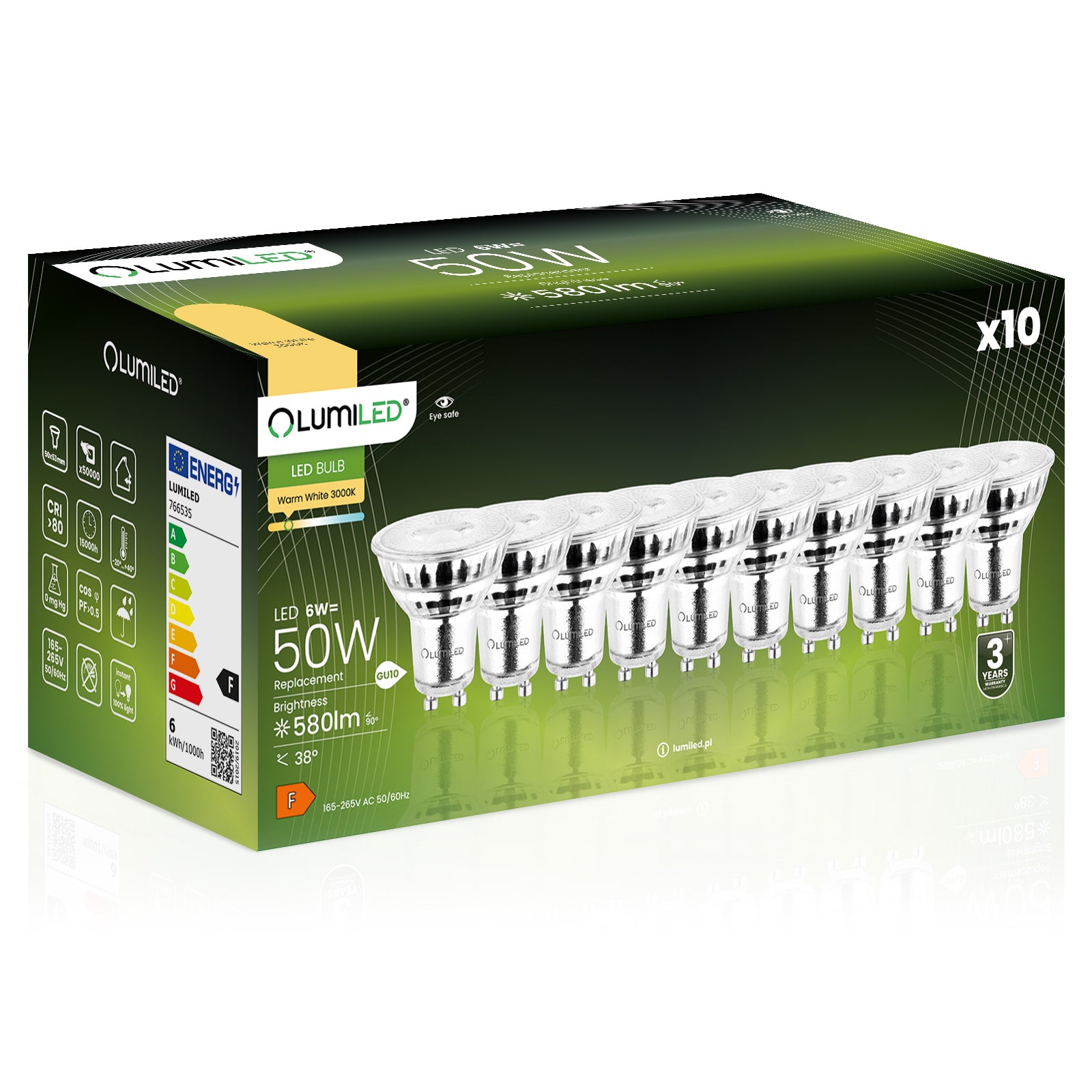 10x Żarówka Lumiled LED GU10 Reflektor PAR16 6W = 50W 580lm 3000K Ciepła 38st