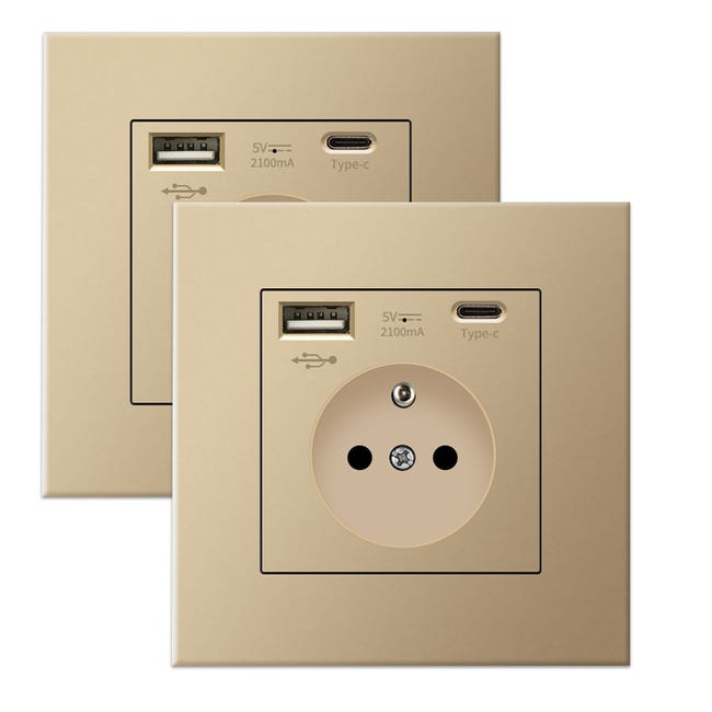 Zestaw 2 gniazdek ściennych z USB i typu C, 5 V 2,1 A, standardowe gniazdo USB EU do wbudowania, listwa zasilająca francuska, 110-250 V (złota)