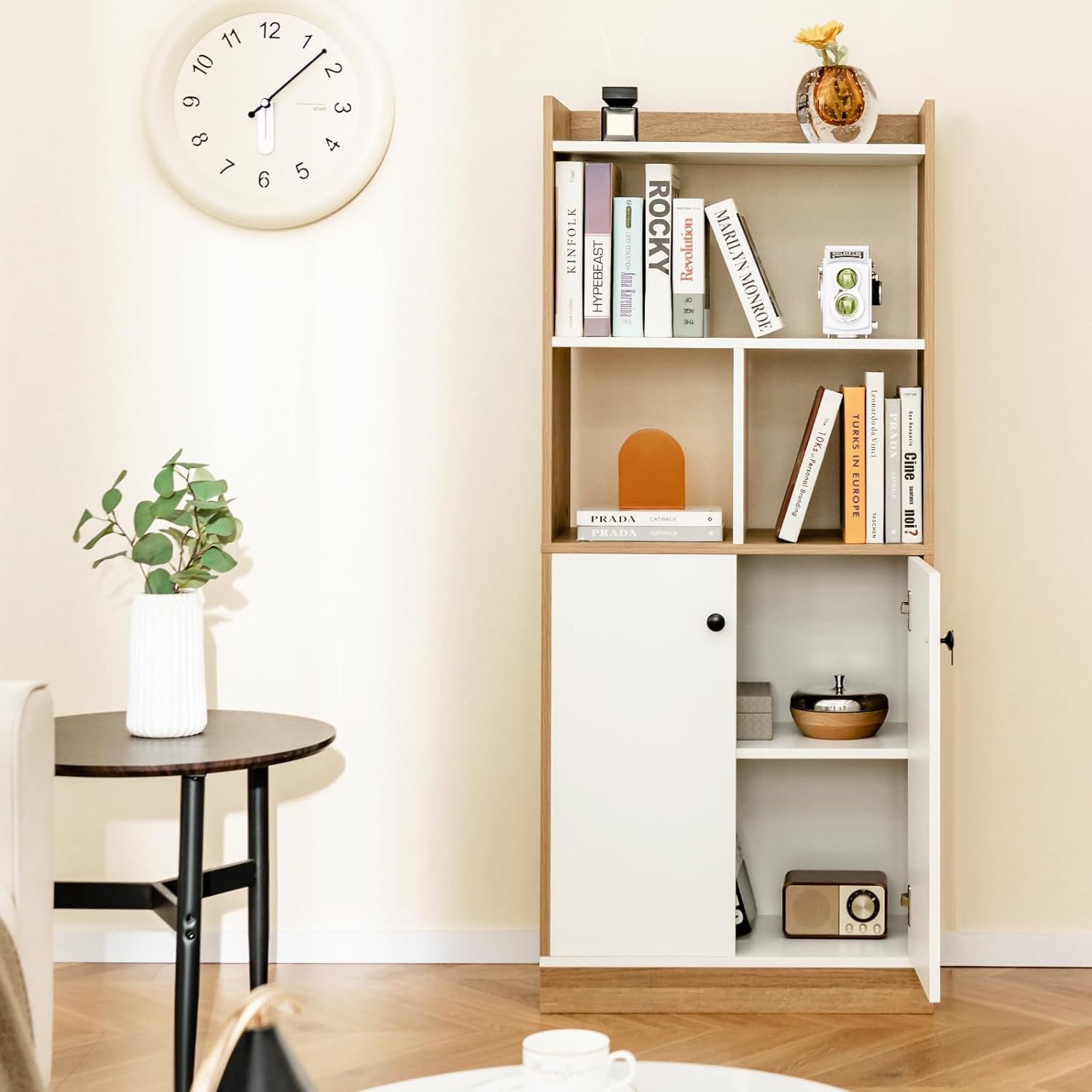 Libreria Scaffale con 2 Ante di Stoccaggio, Libreria Salvaspazio Moderna con 4 Ripiani in Legno Aperti, Mobile Alto Ufficio, per Soggiorno, Ca - 2