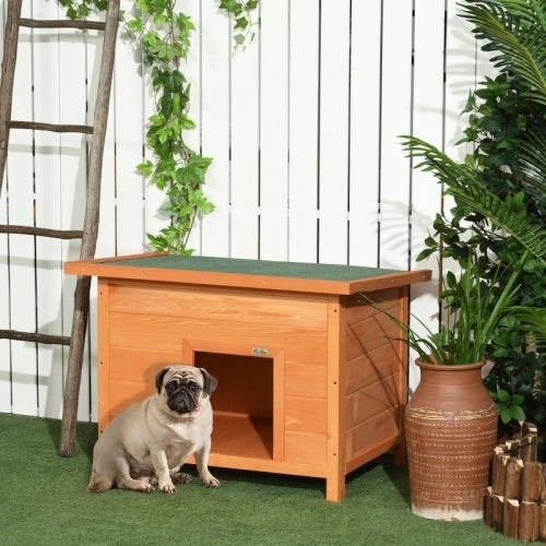 Casinha de cachorro em madeira 82x58x58 cm com telhado de asfalto basculante, abrigo impermeável elevado para cães pequenos