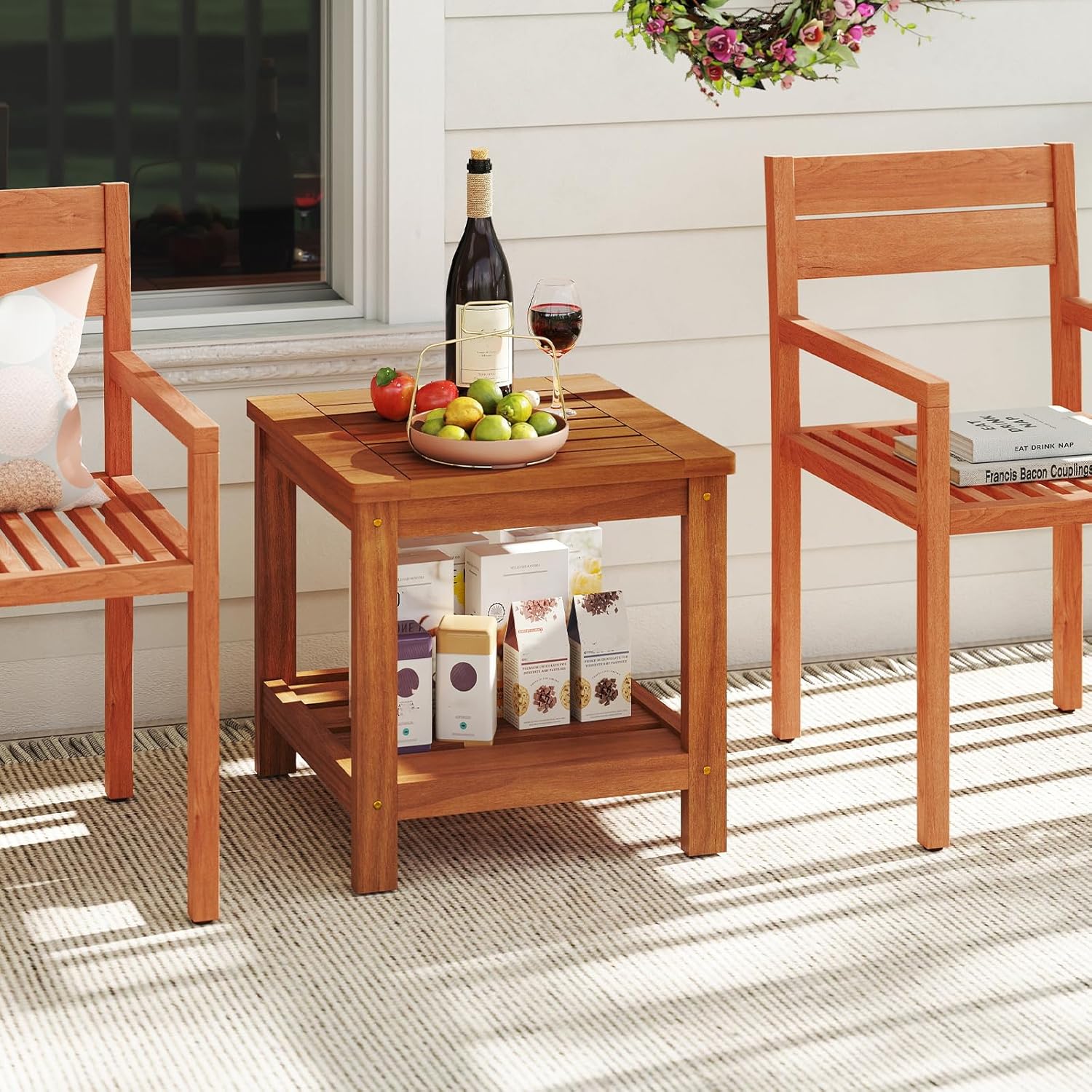 GIANTEX Table d’Appoint Extérieure en Bois à 2 Niveaux,Table Basse de Jardin Étagère de Rangement,Petite Table de Bistrot pour Patio Maison - 2