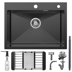 Cecipa max Évier 1 Bac Inox avec Panier de Drainage - Évier de Cuisine Noir 60×45cm + Noir Distributeur de Savon de Cuisine avec Récipient de 300ML