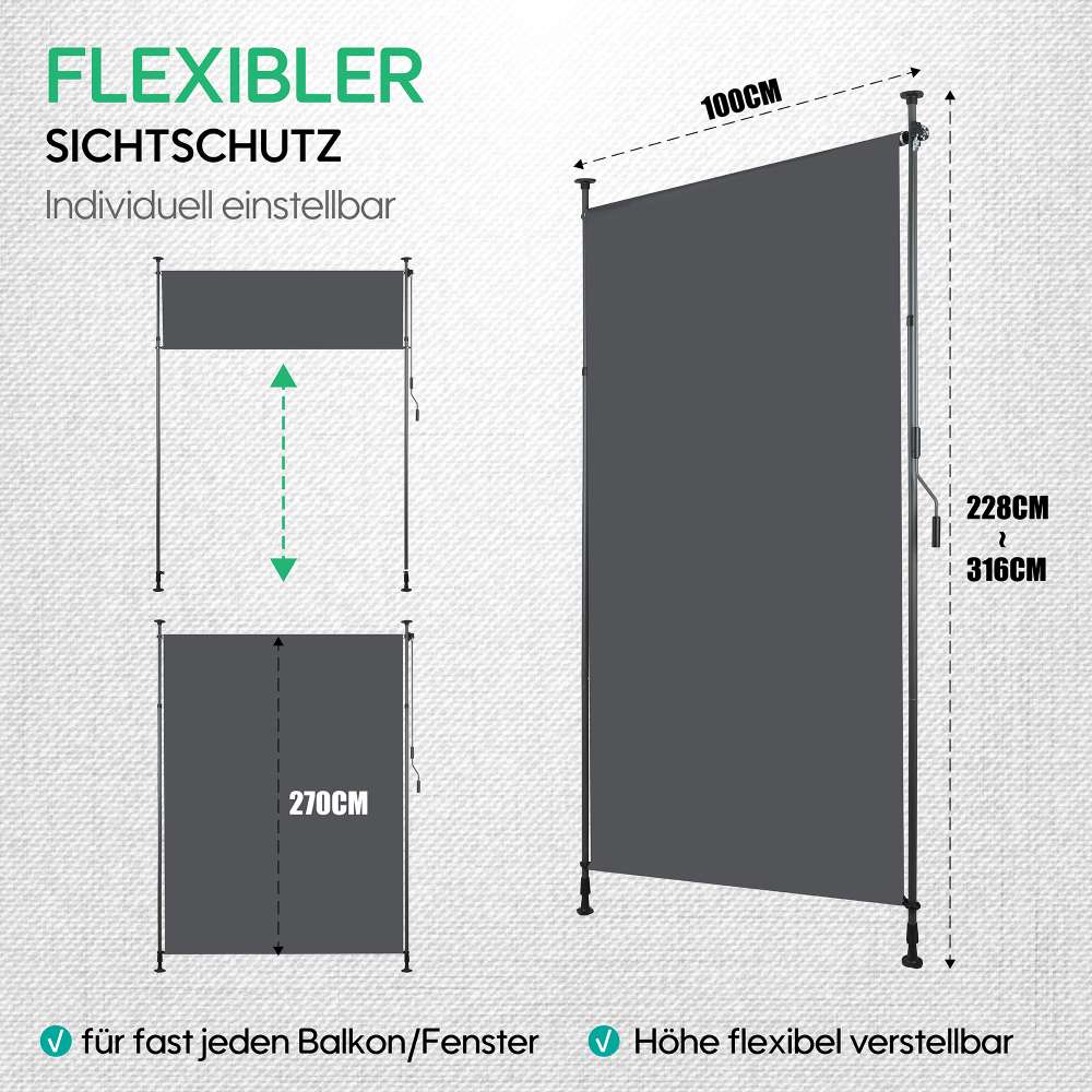 Store banne extérieur vertical sans perçage, pare-vue balcon terrasse, polyester anthracite 120x270cm, protection vent UV, avec manivelle - 9