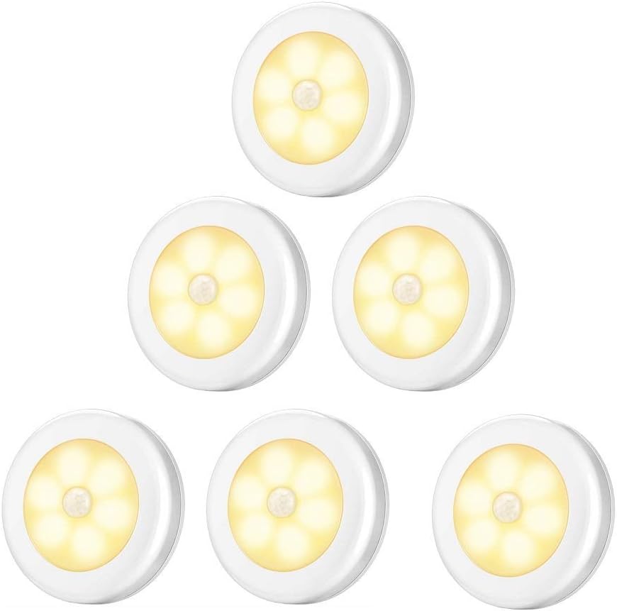 Lampka LED do szafy/garderoby, 6 szt., oświetlenie LED z czujnikiem ruchu z podstawą magnetyczną (zasilana bateriami) białe ciepłe światło