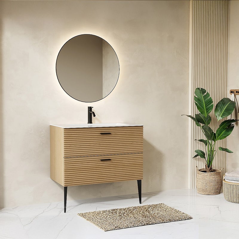 Szafka pod umywalkę na nóżkach z prążkowanym frontem - 2 szuflady - Jasny naturalny - 80 cm - SARONE