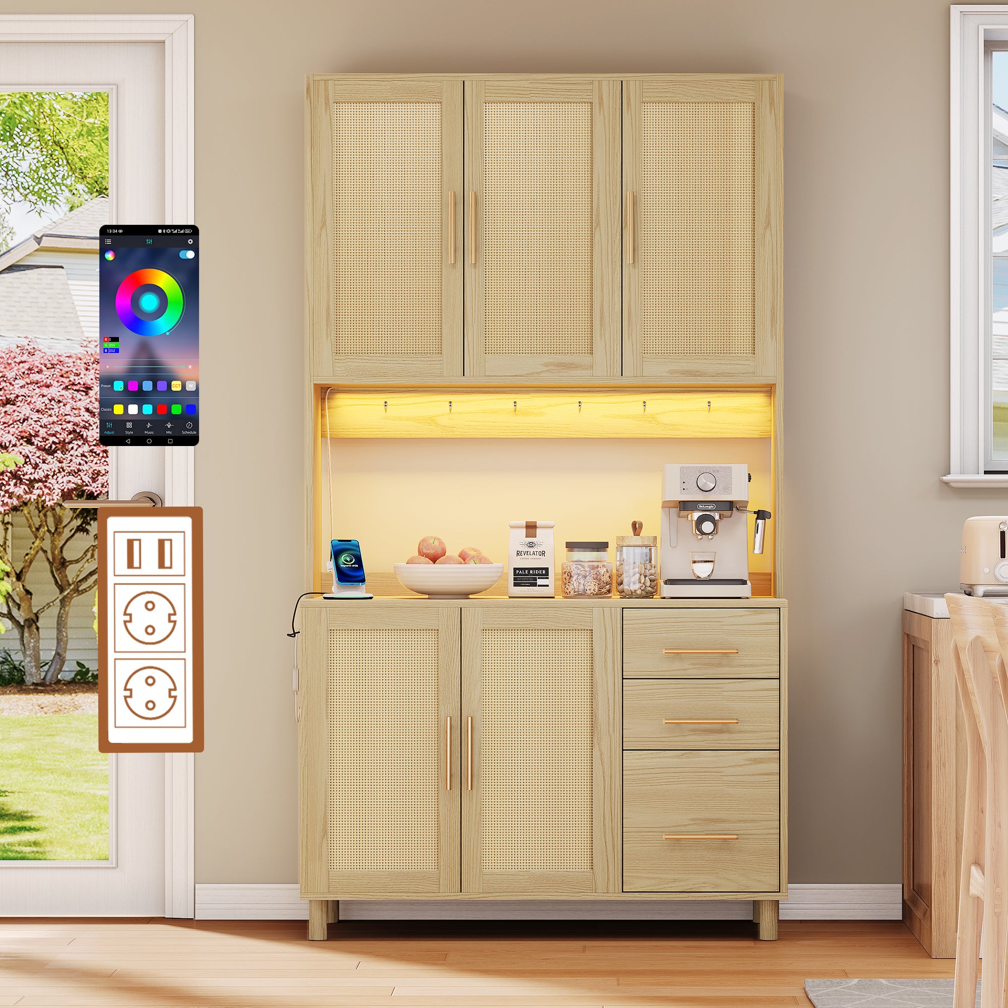 Kredens kuchenny-183 cm-oświetlenie LED-dekoracyjne-aplikacja-2 x USB-2 x gniazdka-regulowane półki-3 szuflady