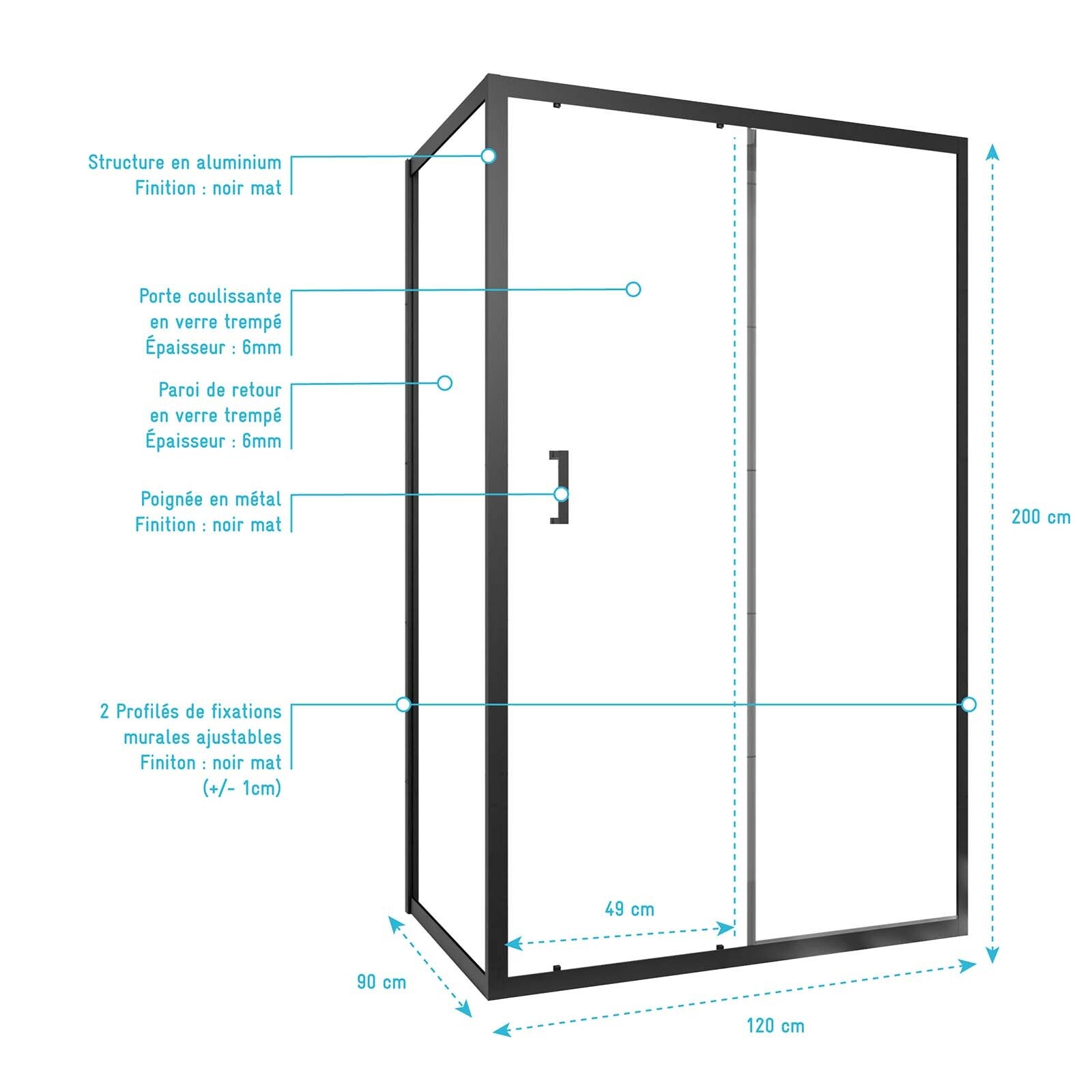 Porte de douche + Retour 120x90x200 cm - Verre 6 mm - Profilé Noir - CRUSH - 4