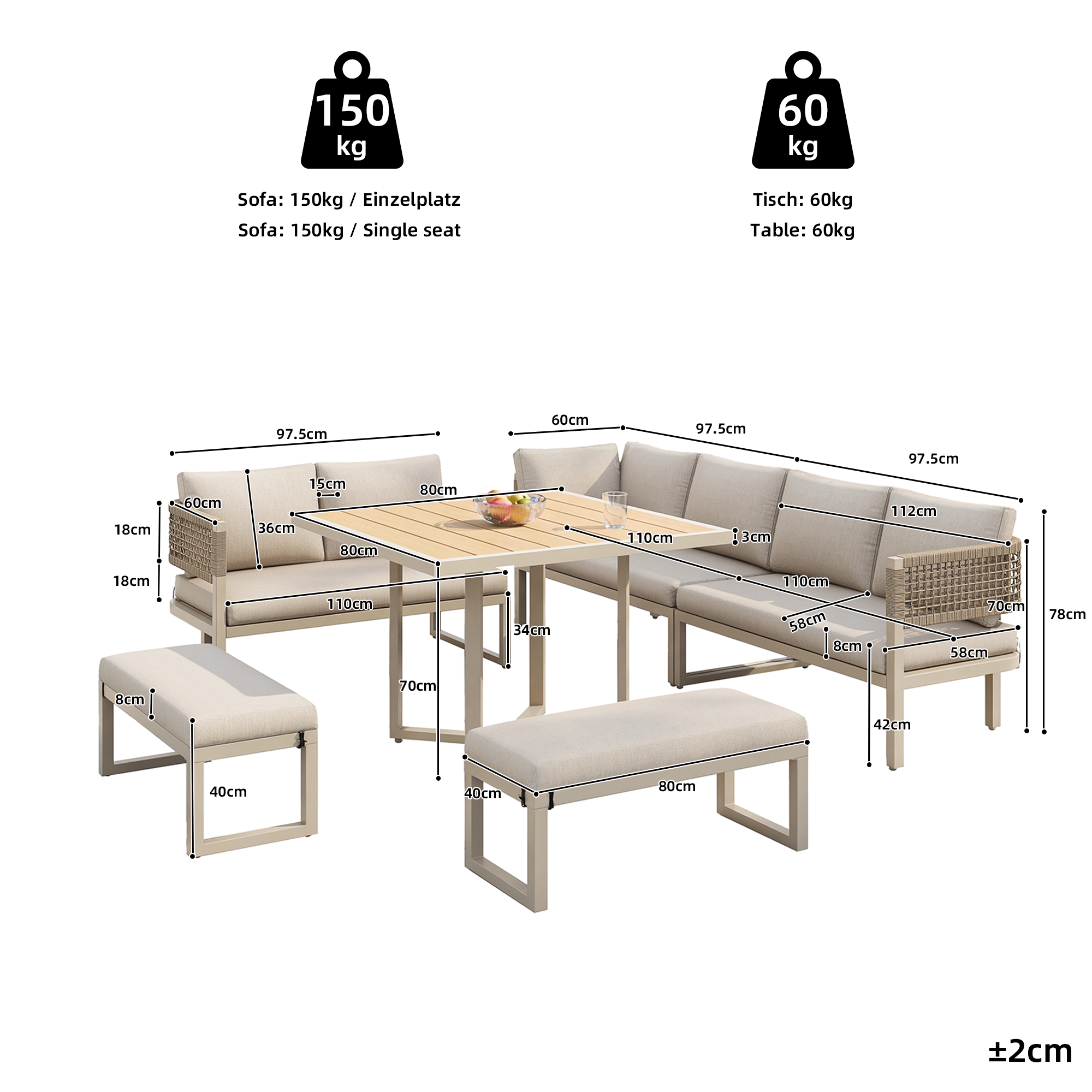 Ensemble de meubles de jardin en tressée main pour 8 à 10 personnes avec coussin, salon de jardin en métal avec canapé, table à manger, banc - beige - 3