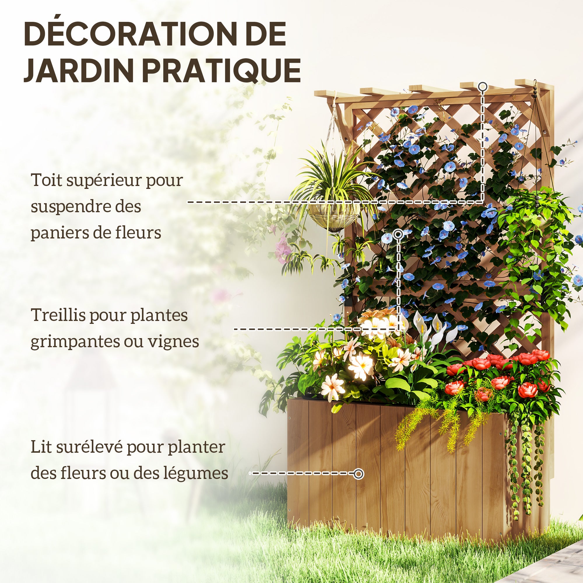 Jardinière avec treillis - Outsunny - trous de drainage et doublure - bois massif - 64 x 33 x 122 cm - bois naturel - 4