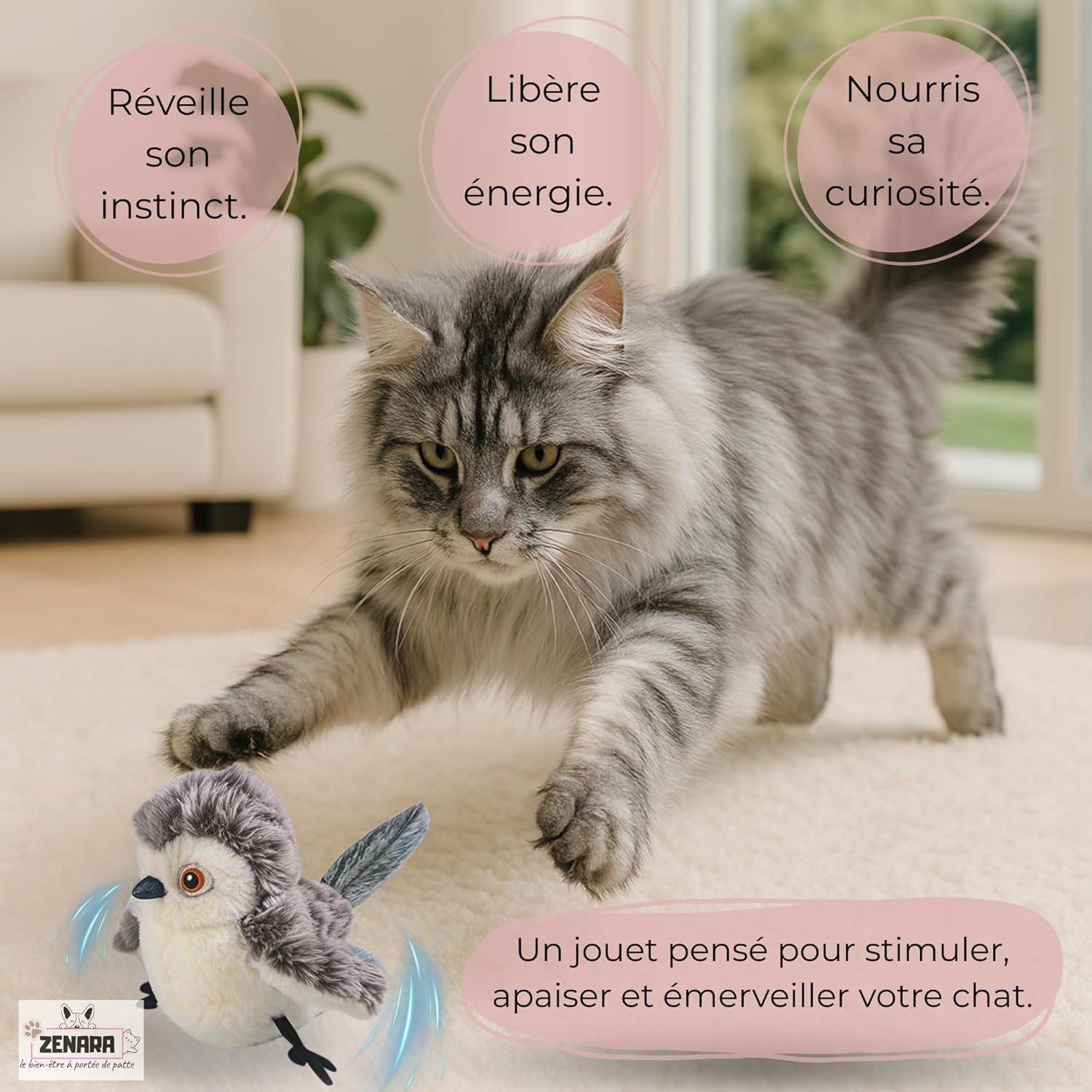 Jouet interactif pour chat - Oiseau volant avec battements d'ailes et gazouillis réalistes - Rechargeable par USB - Herbe à chat - 2
