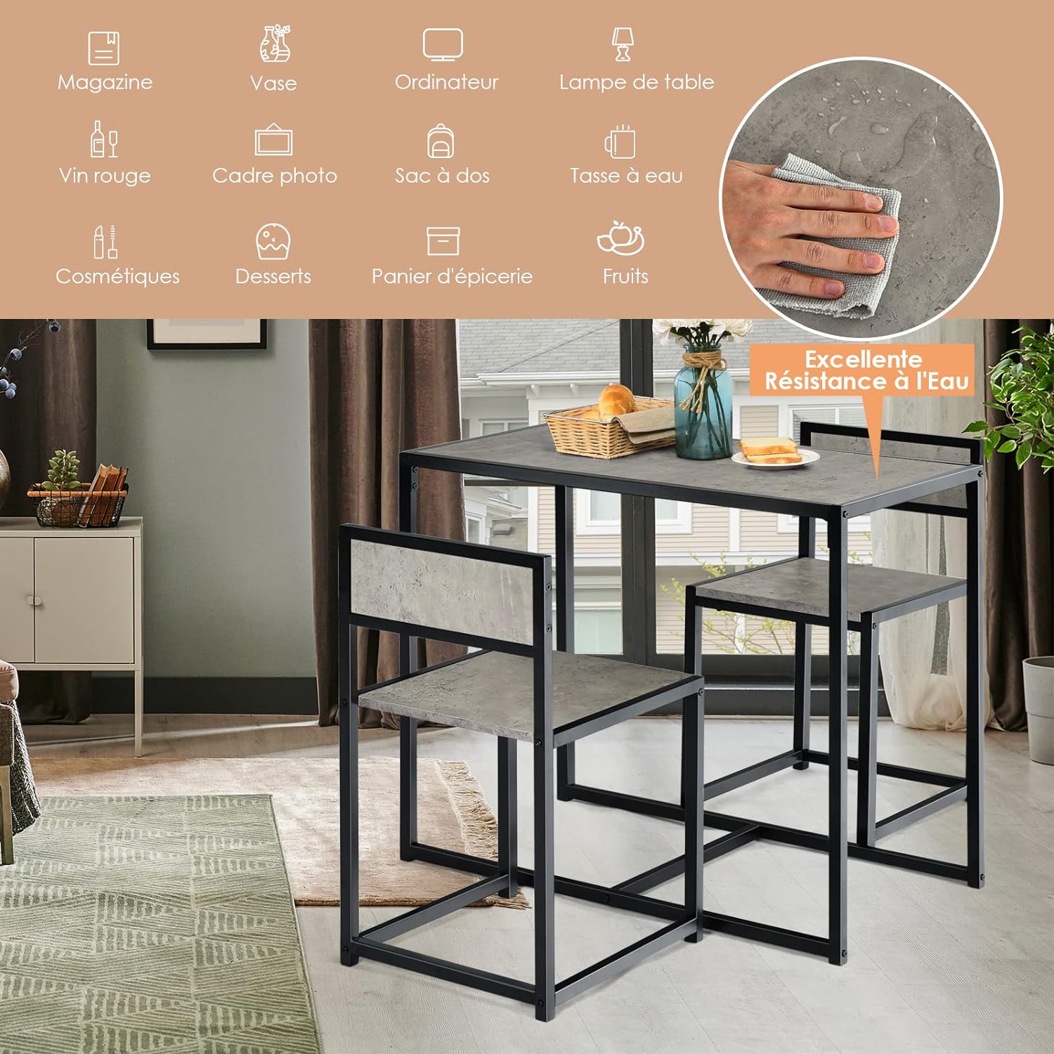 Ensemble de Table et Chaises Compacte et Antiderapante avec Cadre en Metal, Table avec 2 Chaises Robuste et Pratique, Style Retro Ideal (Gris) - 7