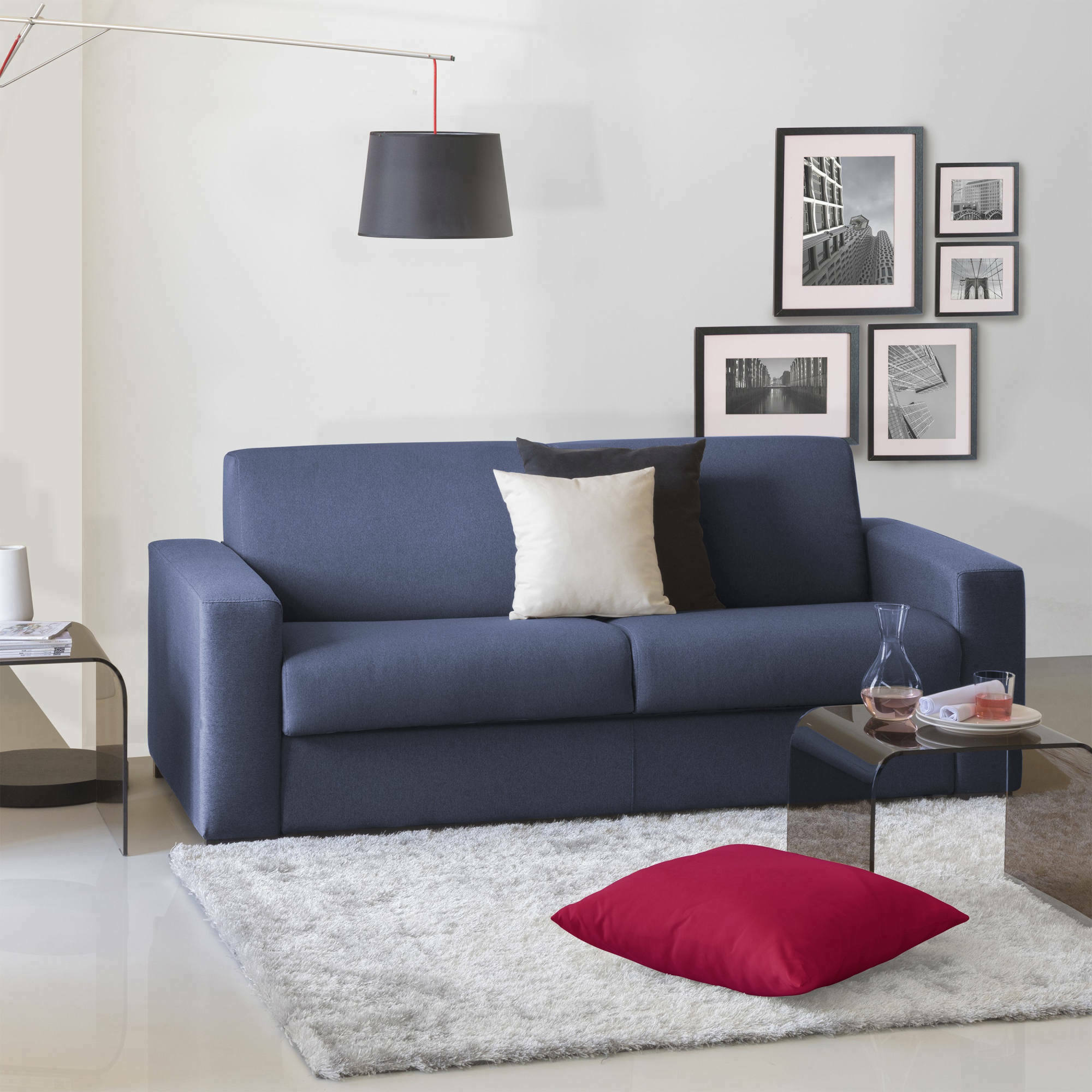 Sofá cama 3 plazas alicia, sofá de salón con apertura giratoria de tejido acolchado, reposabrazos slim, 100% made in italy, 200x95h90 cm, azul