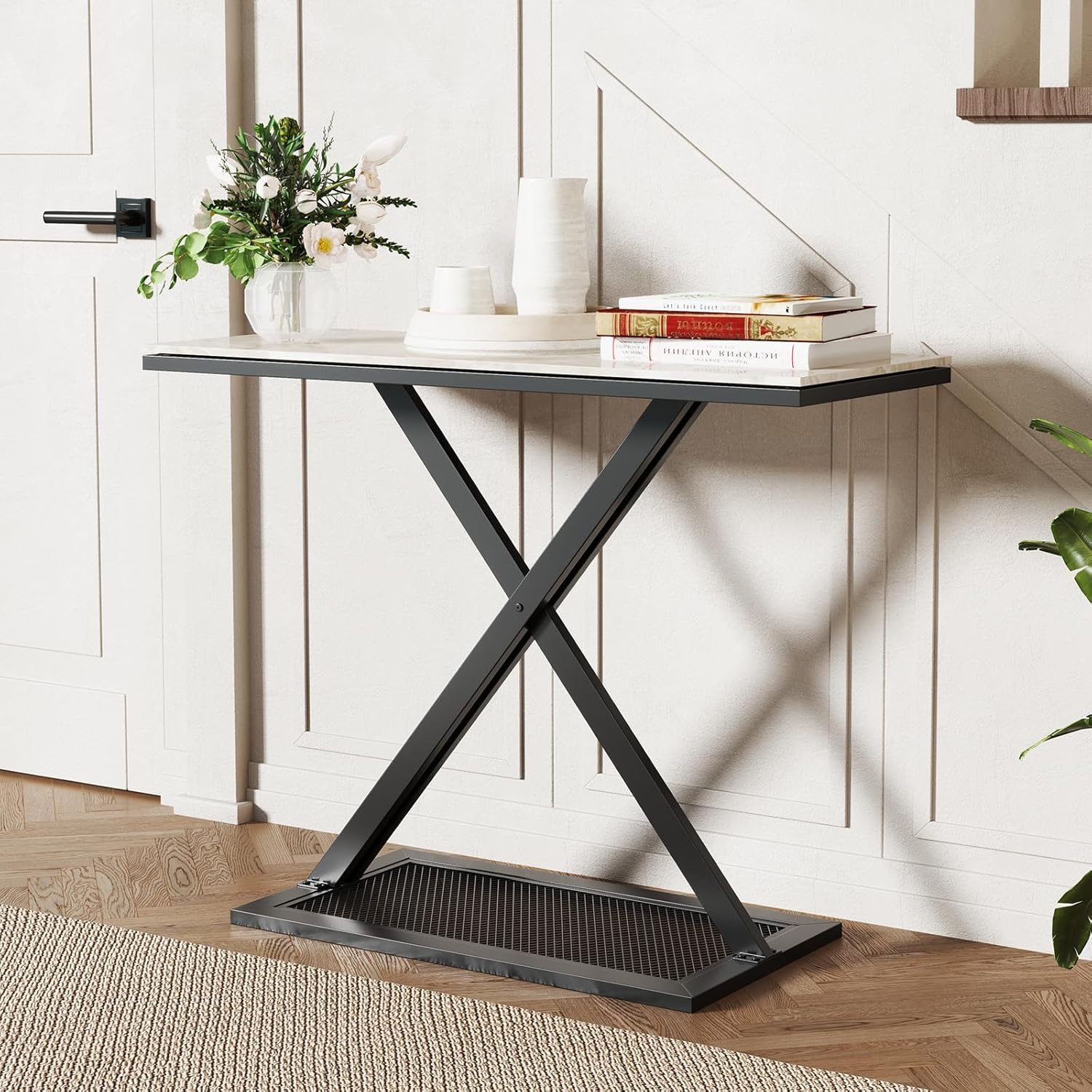 Stolik Konsolowy z Marmurowym Blatem, Wąski Stolik z Solidną Metalową Konstrukcją i Antypoślizgowymi Nóżkami, 100 x 40 x 77,5 cm, Stolik Pomocniczy