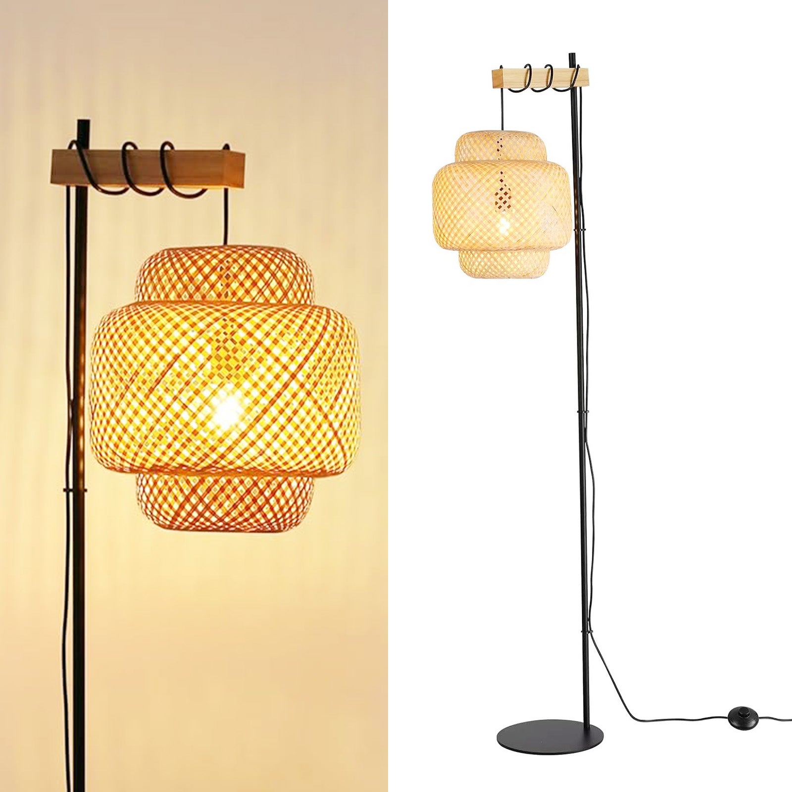 Alpinaluz Lámpara De Pie "Anja" De Madera Y Mimbre Con Pantalla De Bambú, Interruptor De Pie Y Diseño Moderno Para Sala O Cocina - Imagen 2