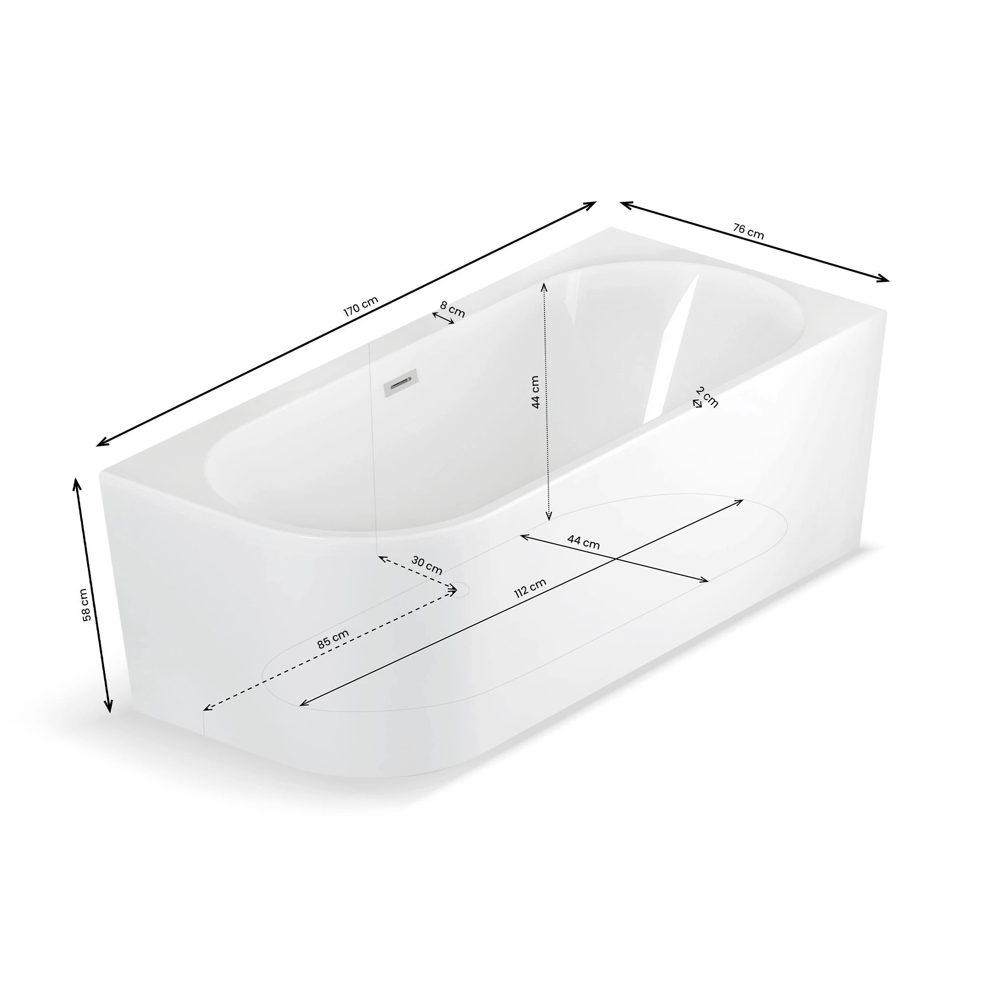 Baignoire Ilot Capri 170 droite blanche 170 x76 x58 cm, by SPALINA - 8