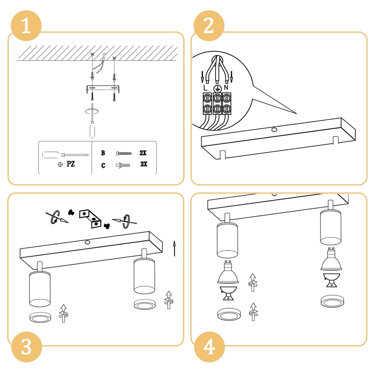 NETTLIFE Foco de techo blanco GU10 Foco de pared de madera vintage giratorio sin bombilla orientable 350° industrial - 6