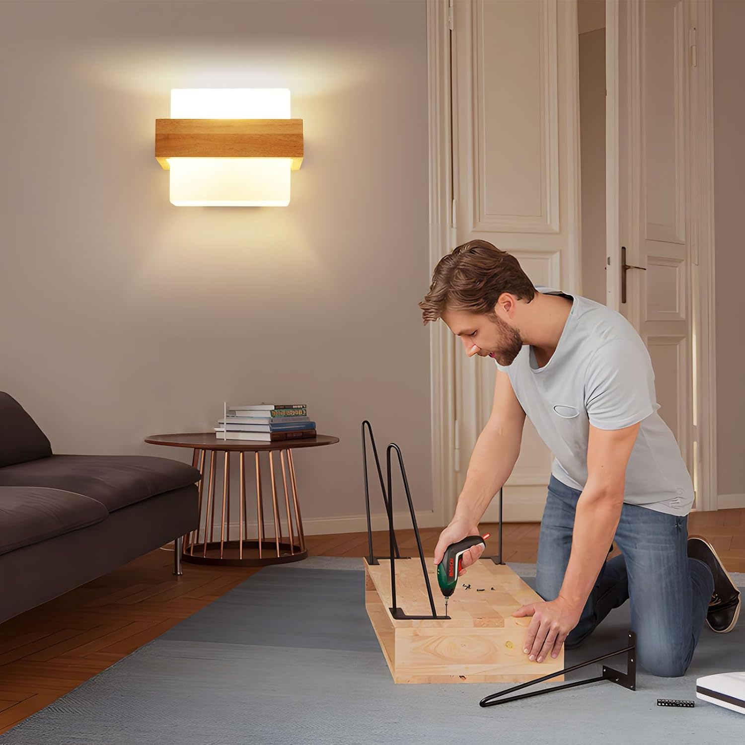GOECO Applique Murale Interieur, 12W Moderne Lampe Murale en Bois avec Abat-jour en Verre E27, 3 Température de Couleur 3000K/4500K/6500K - 4