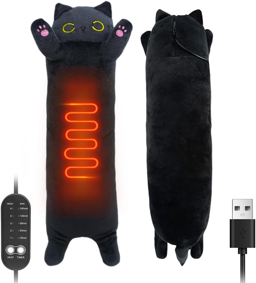 Poduszka grzewcza łagodząca bóle menstruacyjne, pluszowa zabawka dla kota o długości 50 cm, zasilana przez USB