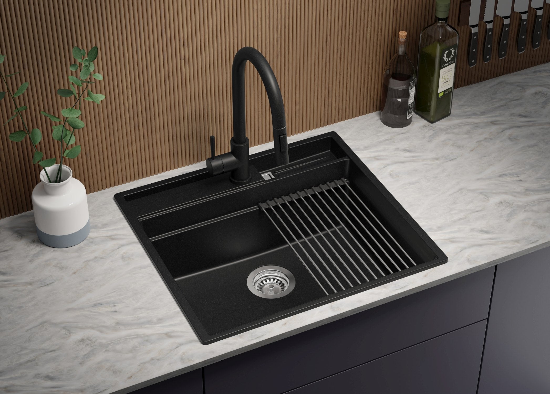 Lavandino da Cucina Nero 58x53cm, Lavello in Granito a 1 vasca + Sifone Classico + Accessori, Lavabo da Cucina Incasso al mobile 60cm PRIMAGRAN - 4