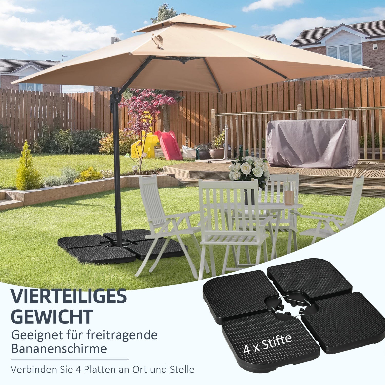 Poids de parasol 4 pièces, pour parasol déporté, remplissables de 80 kg de sable ou 60 kg d’eau, avec poignées, matériau HDPE, couleur noire - 8
