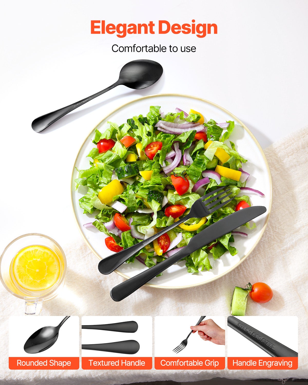 Set Posate 30 Pezzi,VEVOR Posate Acciaio Inox Alimentare,Finitura Lucida,Lavabile in Lavastoviglie,Coltello,Forchetta,per Cucina e Casa,Nero - 4