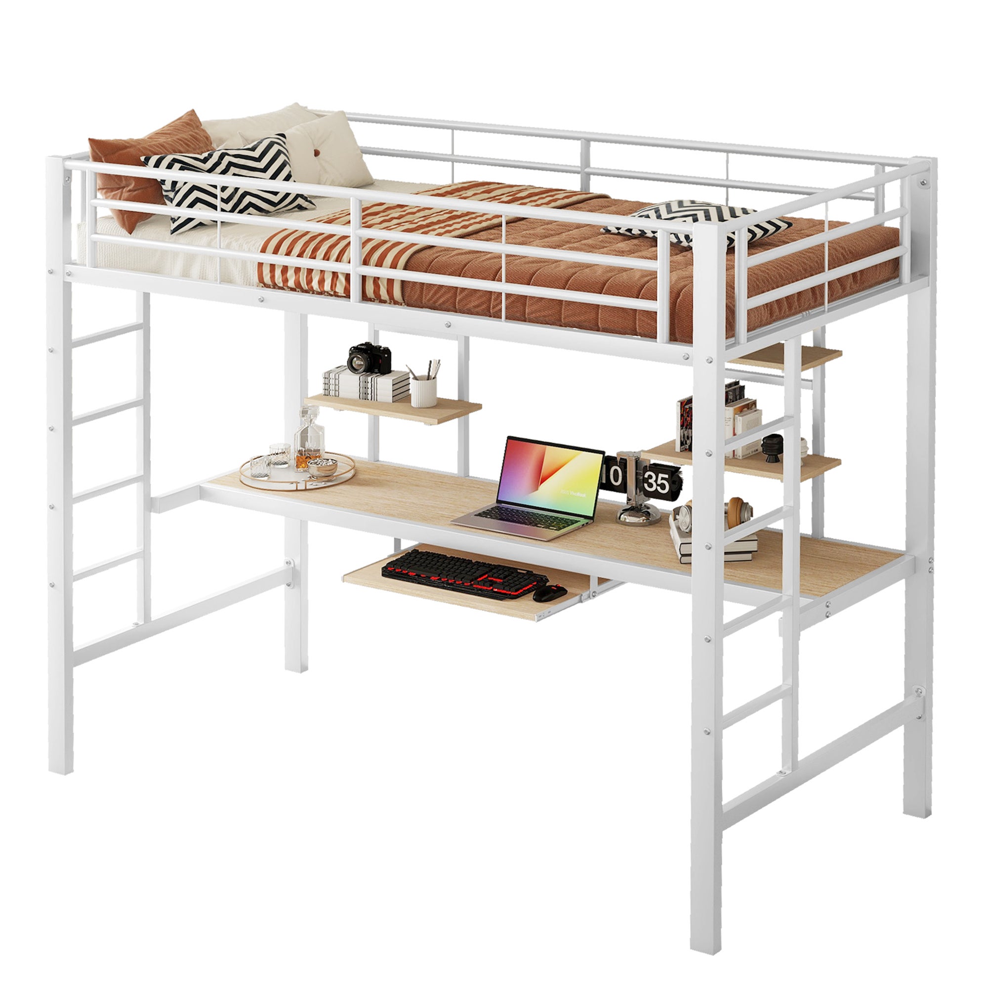 Lit Mezzanine Avec Banquette Convertible - 90x190 Cm, Structure Métal - Rangement Intégré, Réversible Gauche/droite - 10