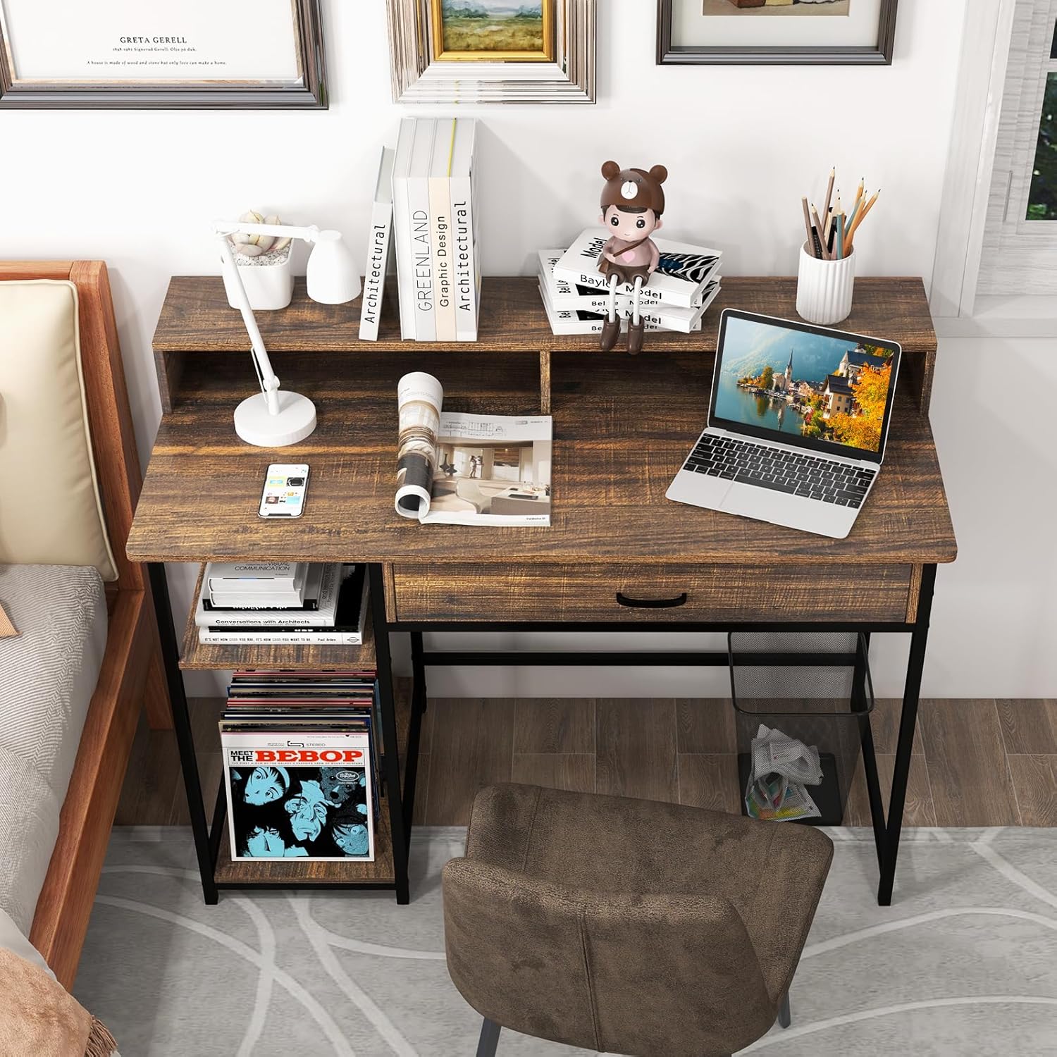 HOMIDEA TODY Scrivania per Computer - Tavolo da Lavoro con ripiani e vano portaoggetti con anta dal design moderno per ufficio soggiorno o la cameretta dei bambini (Antrachite/Briarsmoke