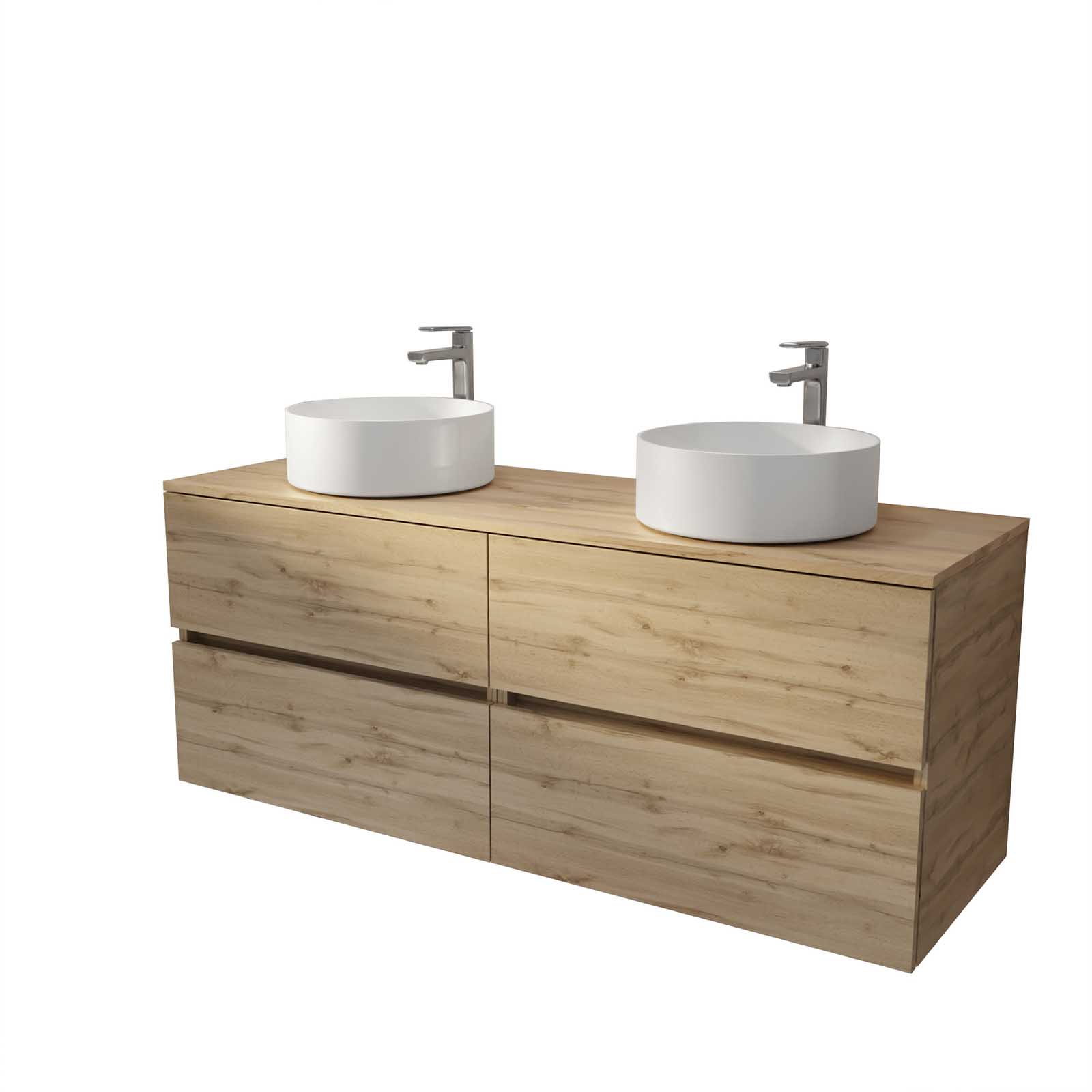Meuble de salle de bains 140 TIMBER Décor Chêne - 4 Tiroirs - 2 Vasques Rondes Blanches 36cm - 3