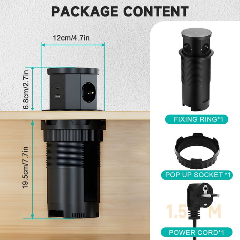 Prise escamotable, 4 compartiments avec 1 USB C 1 USB-A, prise encastrable, avec chargeur sans fil de 15W, bureau, cuisine【Tabletop cutout size: 11cm】 - 6