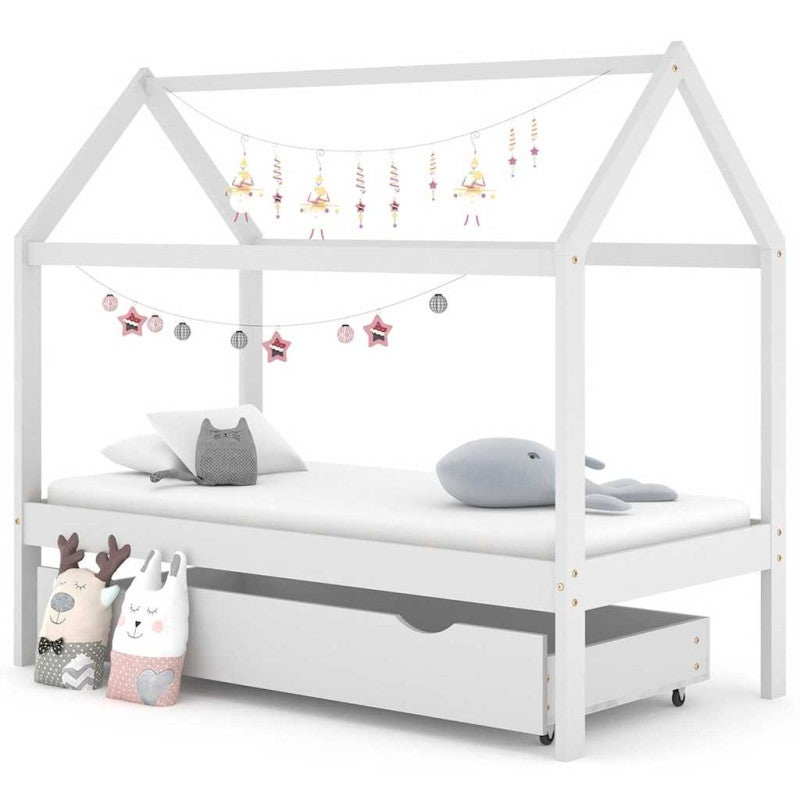 Lit Cabane Enfant 90x200cm – Avec Table De Chevet Et Tiroir De Rangement – Bois Pin Et MDF – Blanc Et Chêne – Sans Matelas
