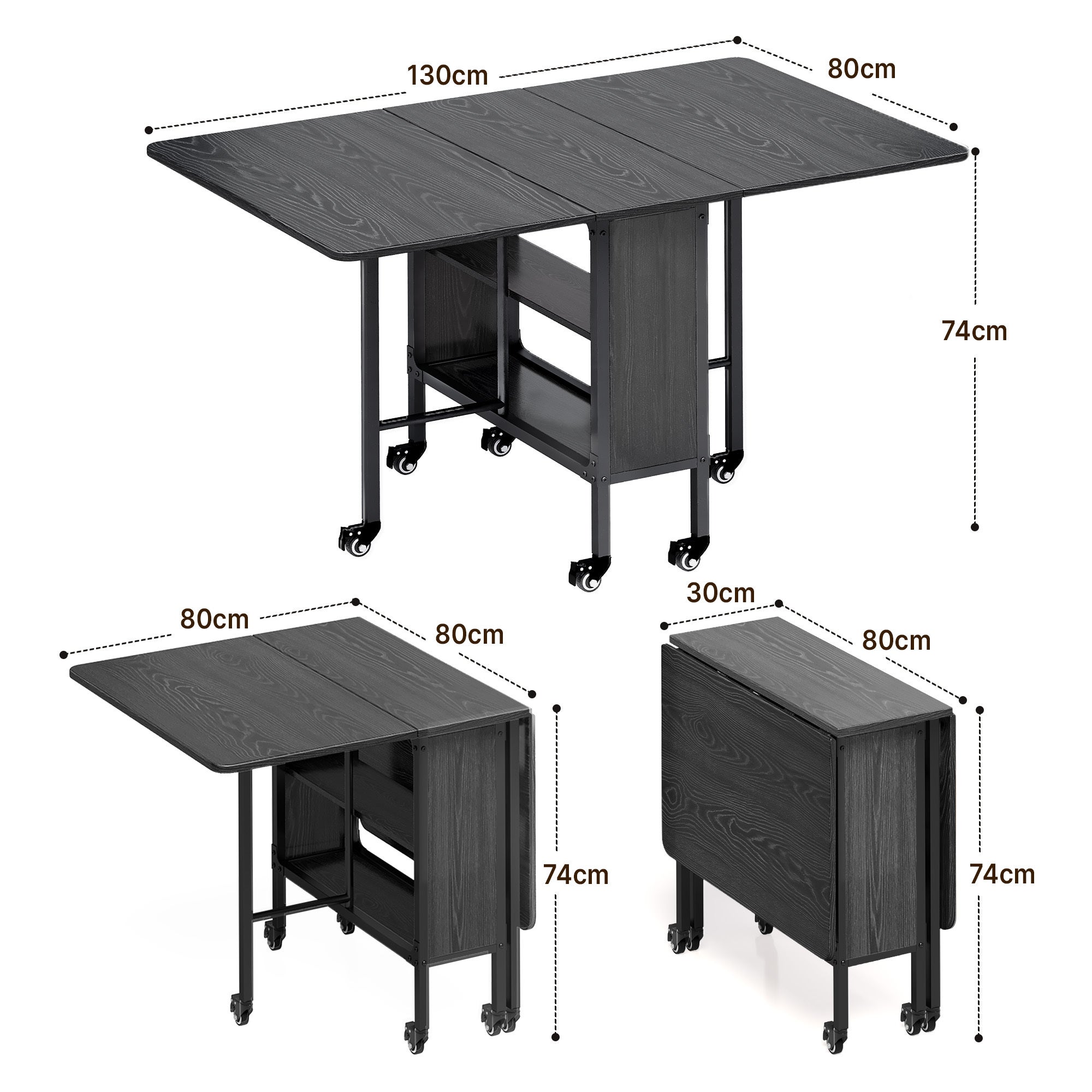Mesa plegable abatible para 6 personas, estructura de metal negro y tablero de madera negro, 130 x 80 x 74 cm - 3