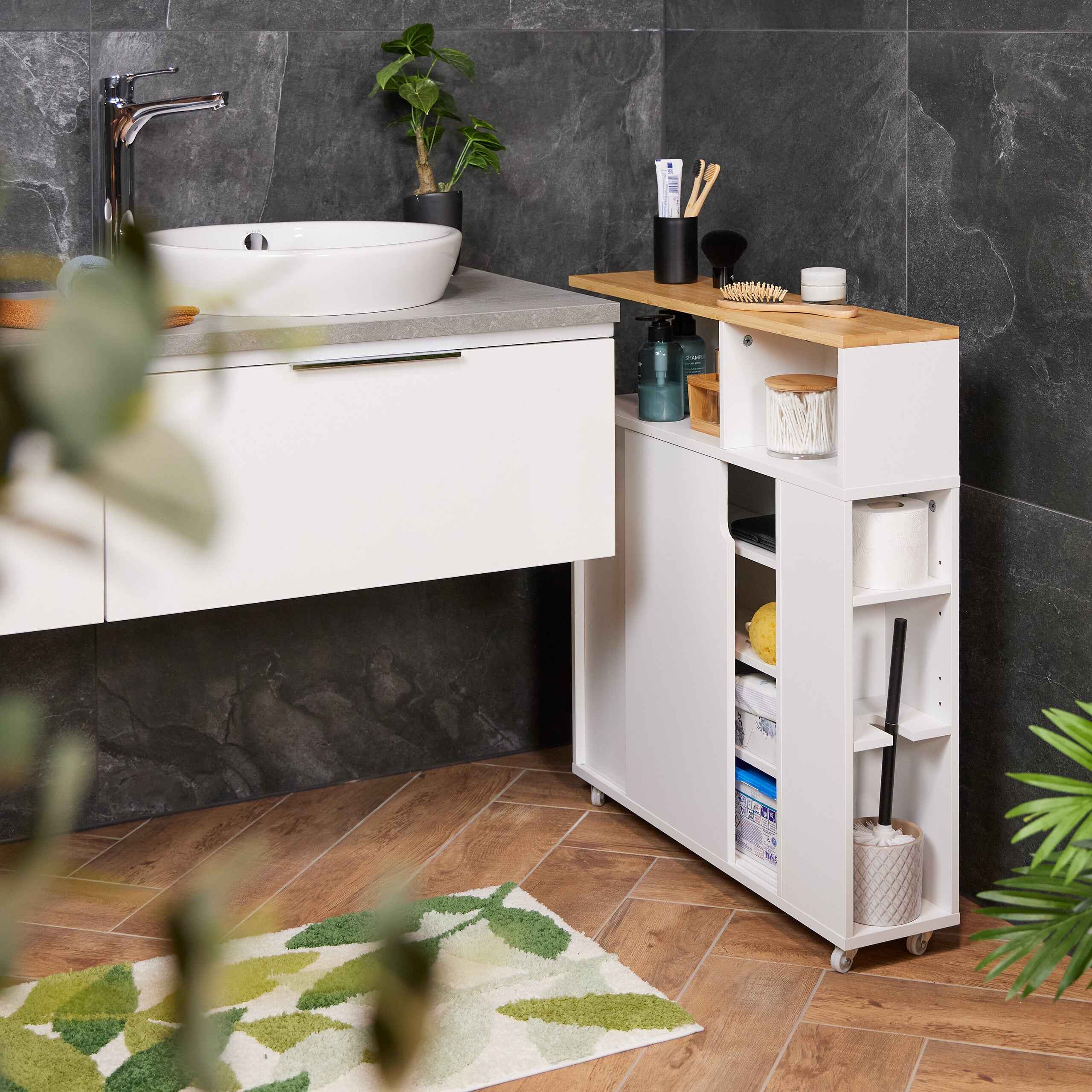 Carrito Auxiliar Estrecho, 6 Compartimentos, Portaescobillas, 79x17x75 cm, Baño, MDF, Bambú, Blanco/Natural, Relaxdays - 2