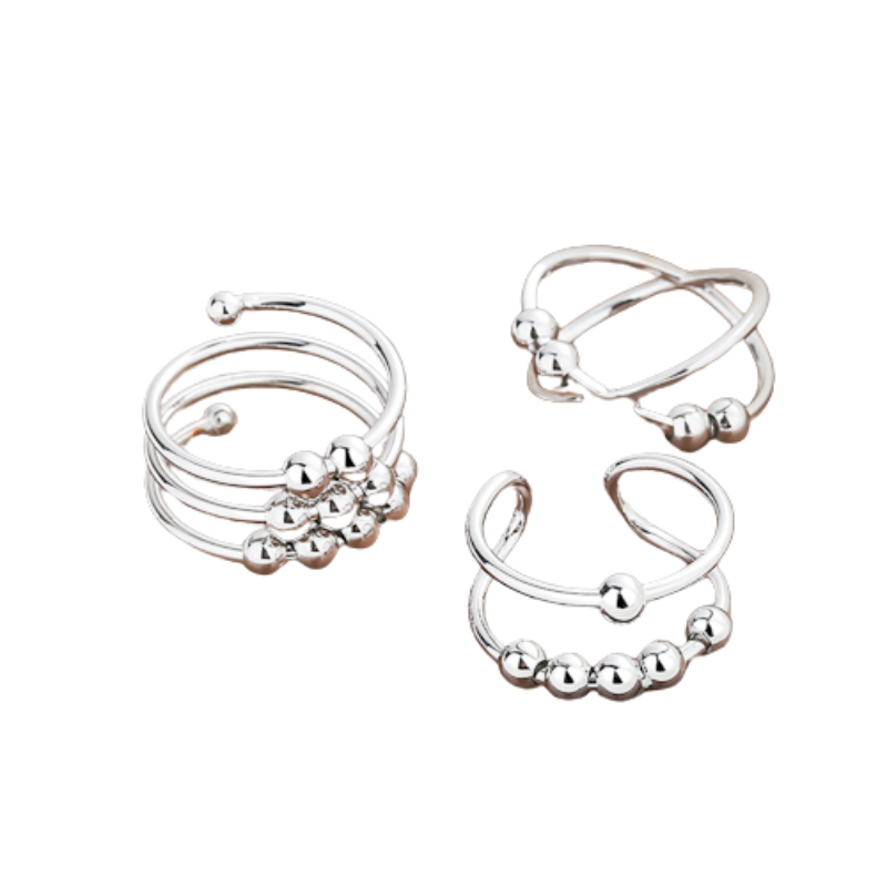 Lot De 8 Anneaux Anti-Stress Réglables Avec Acupression - Soulagement Anxiété, Rotation Perles, Or Et Argent