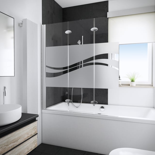 Schulte pare-baignoire, 125x140 cm, paroi de baignoire réversible, rabattable, 3 volets pivotants, verre 5 mm, décor Liane, aspect chromé