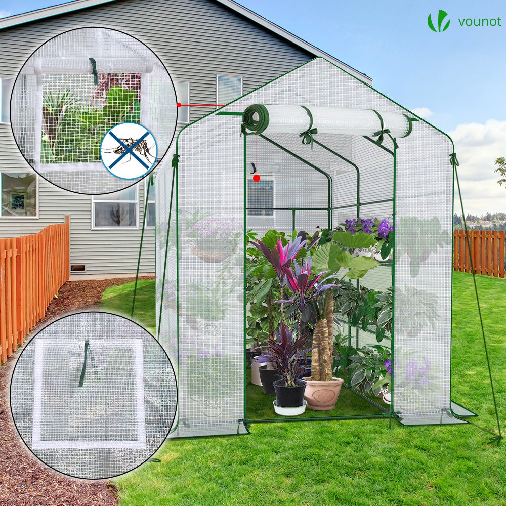Serre de jardin avec étagères 143x215x195cm blanc - bâche renforcée 135g/m², fenêtre moustiquaire, porte enroulable zippée - VOUNOT® - 2