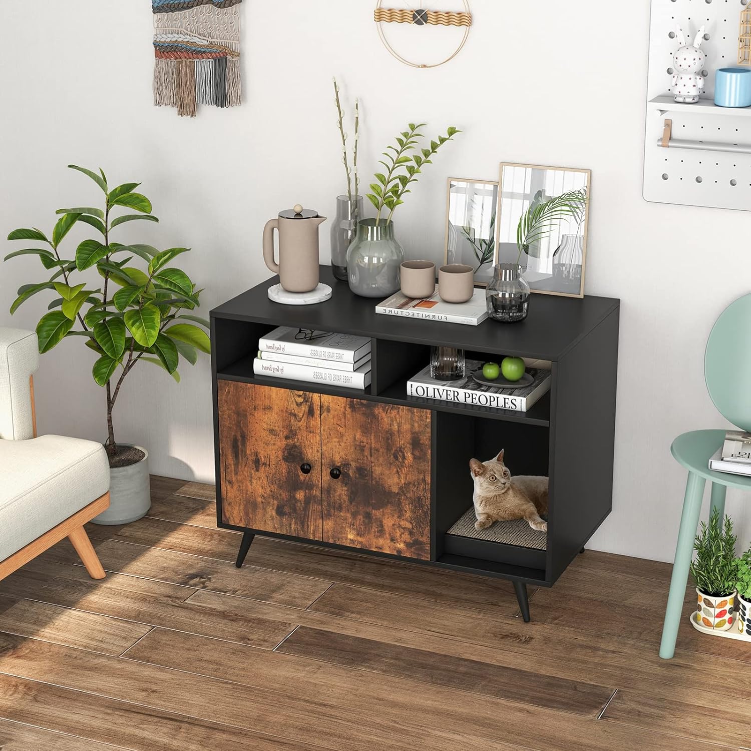 Arena para gatos, armario para gatos con puerta doble, gato Compartimentos y rascador, 90 x 50 x 70 cm - 8