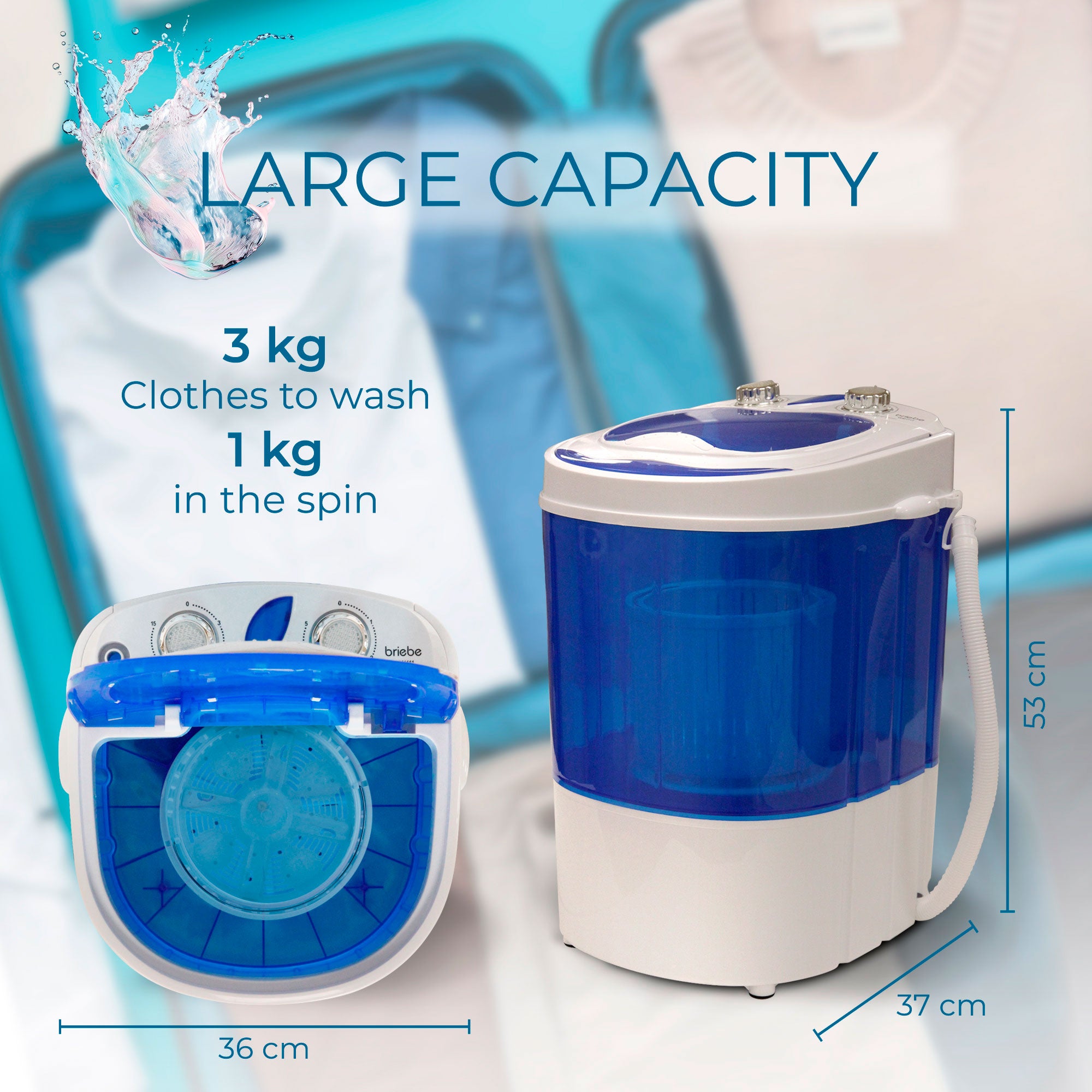 Mini Máquina de Lavar Roupa Portátil com Centrifugadora, Ideal para Campismo Capacidade 3Kg Briebe Branco azul WM1111 150 W - 5