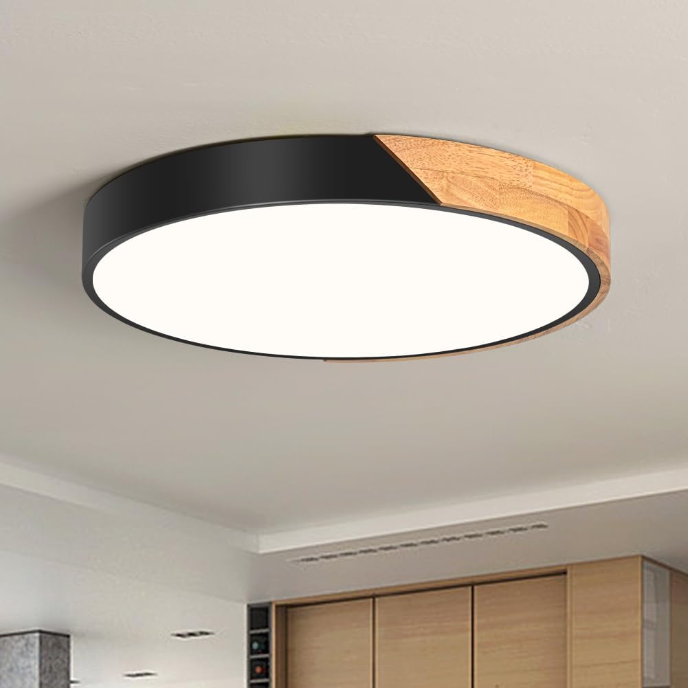 Plafonnier LED En Bois Chêne Dimmable 30cm - Télécommande 2.4G, 3 Températures De Couleur (3000K-6000K), 32W