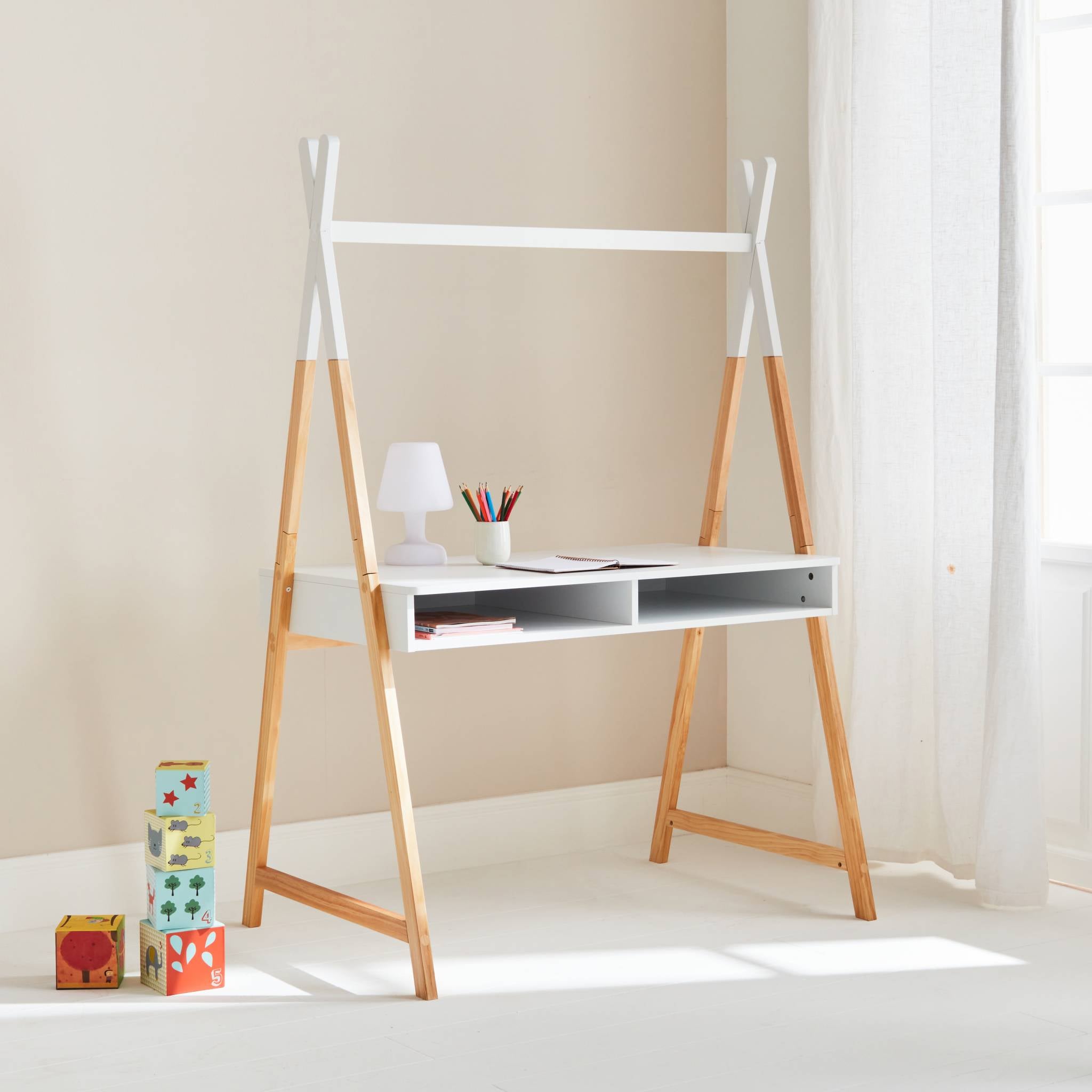 Bureau Enfant Tipi Blanc Tobias - 2 Casiers - 110x75x160 Cm - Idéal Pour Chambre D'enfant