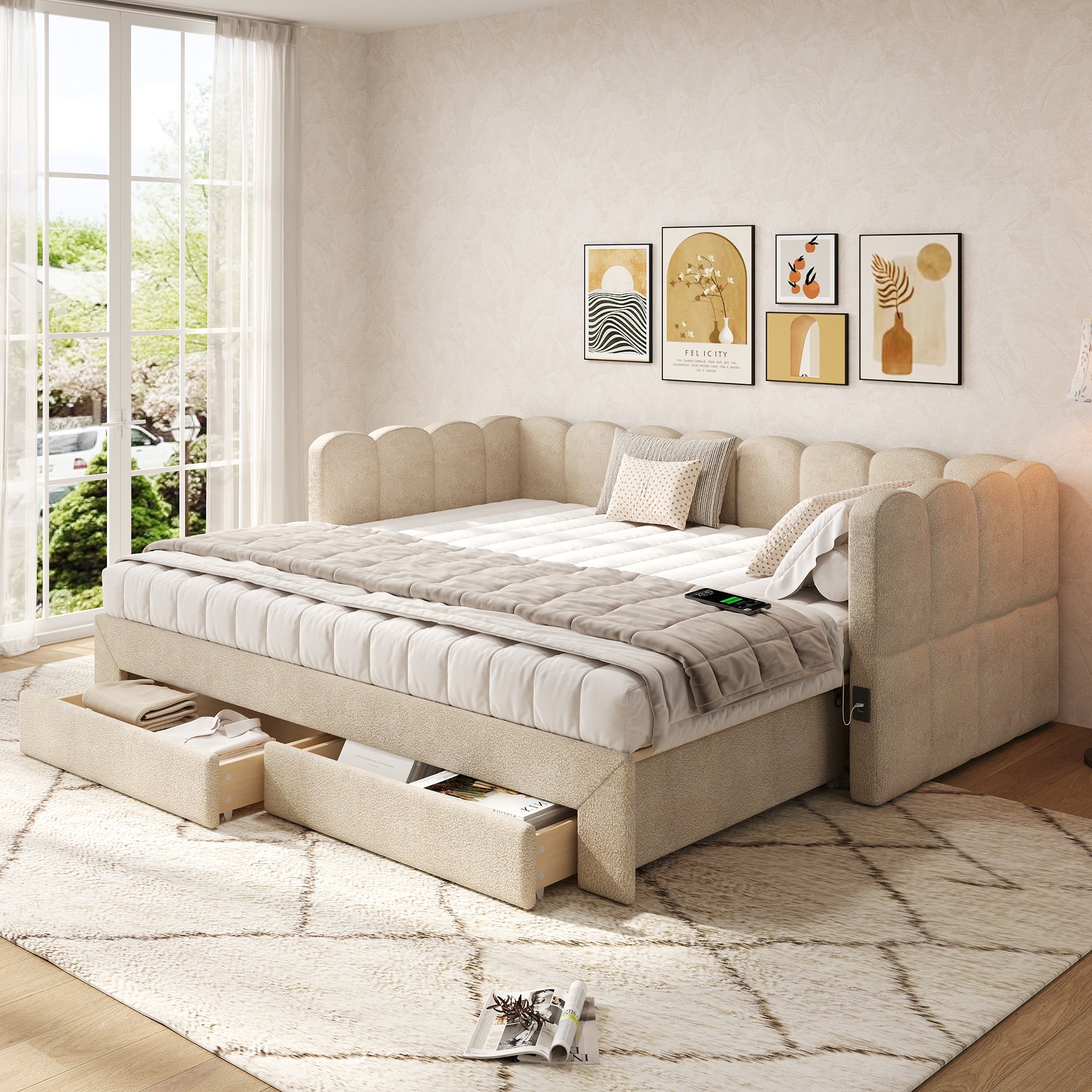 Łóżko wysuwane 90/180 x 190 cm z 2 szufladami, sofa rozkładana - tkanina szenilowa - port USB - beżowy (materac nie jest wliczony w cenę)