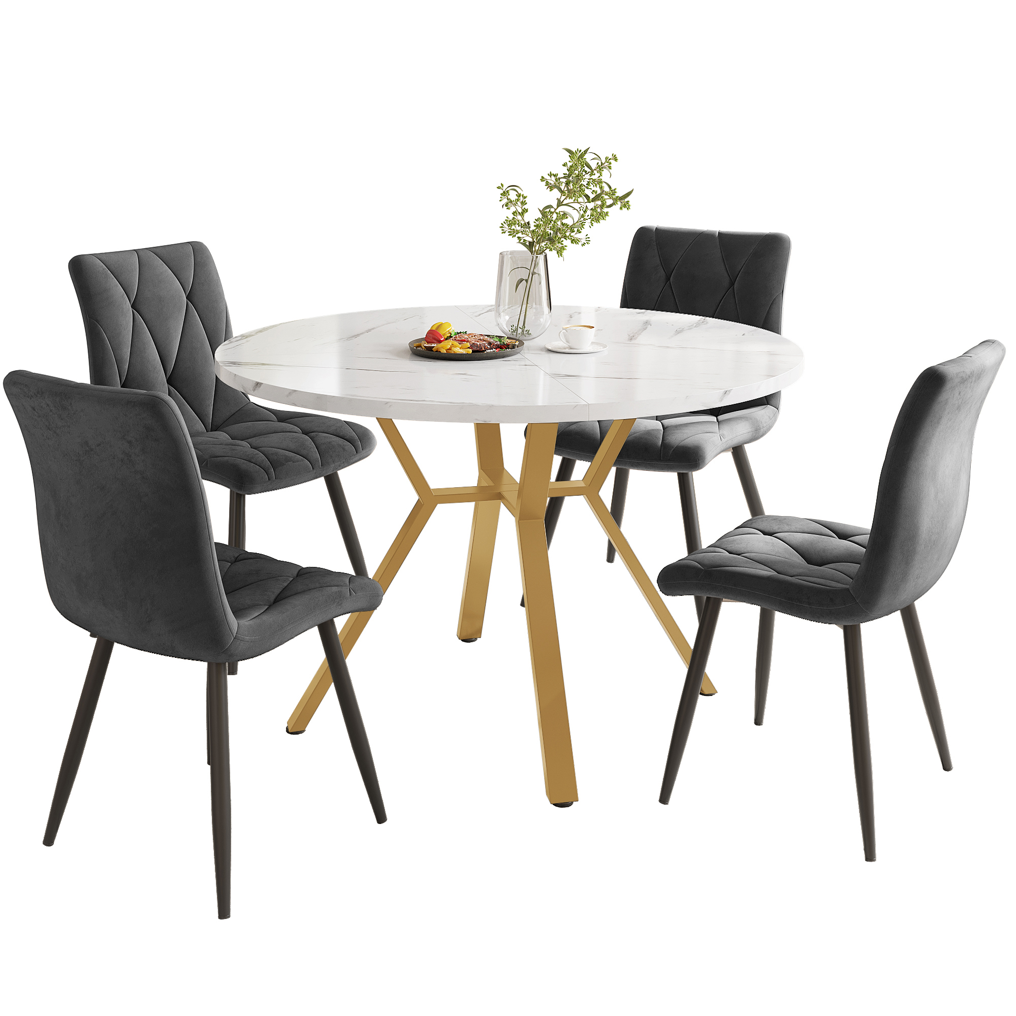Set da pranzo (5 pezzi): tavolo rotondo (100 cm , MDF bianco, gambe in metallo dorato) + 4 sedie in velluto grigio scuro | Leroy Merlin