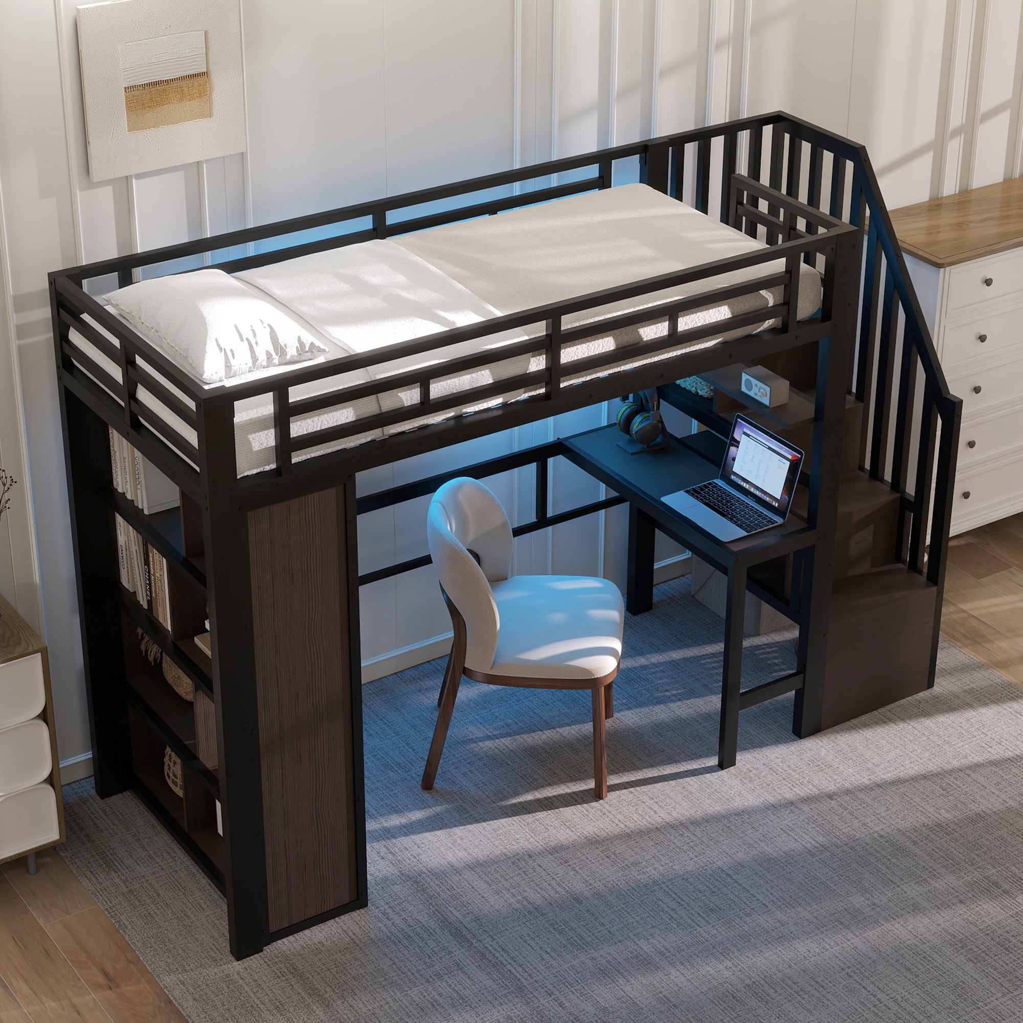 Lit mezzanine en métal 90x200 cm avec bureau et éclairage led app, lit superposé enfant avec escalier de rangement et étagères, noir (sans matelas) - 6
