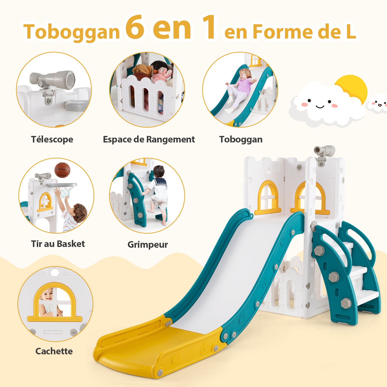 6 en 1 Toboggan Enfant en HDPE avec Panier de Basket & Télescope, Aire de Jeux Intérieure avec Échelle & Espace de Rangement, Jaune+Vert, pour 1 Ans+ - 4