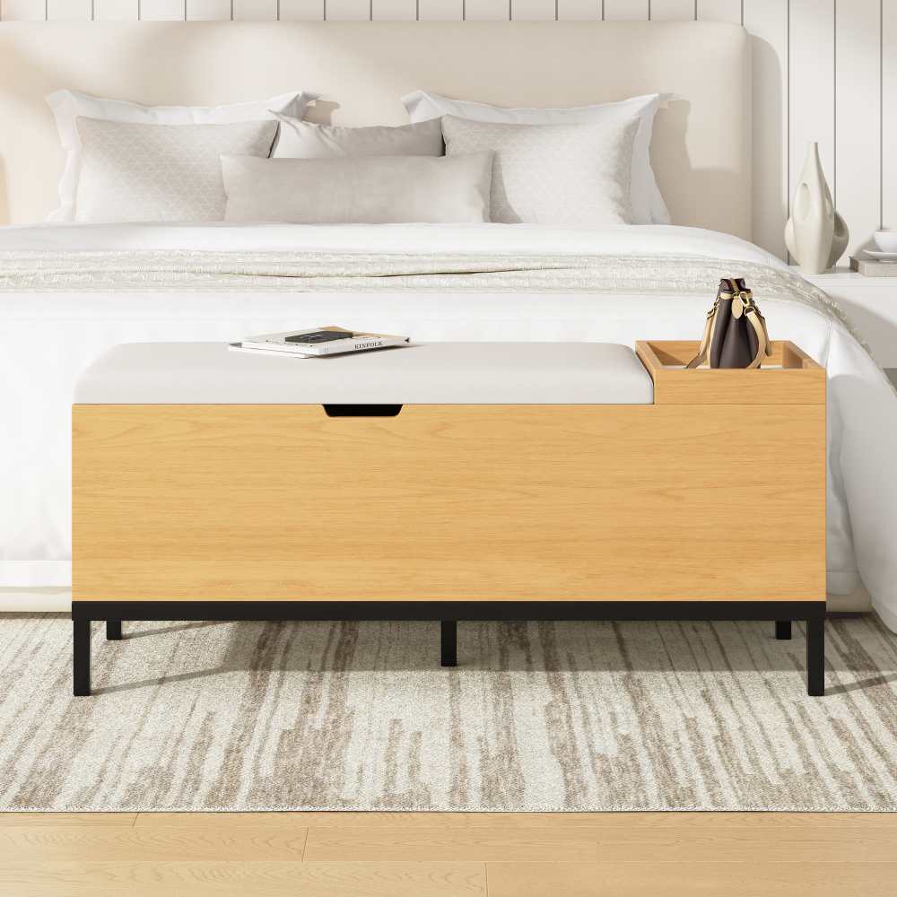 Banquette rangement 115 cm en bois naturel et tissu gris, coussin mousse froide, pliable, pour entrée et chambre - 4