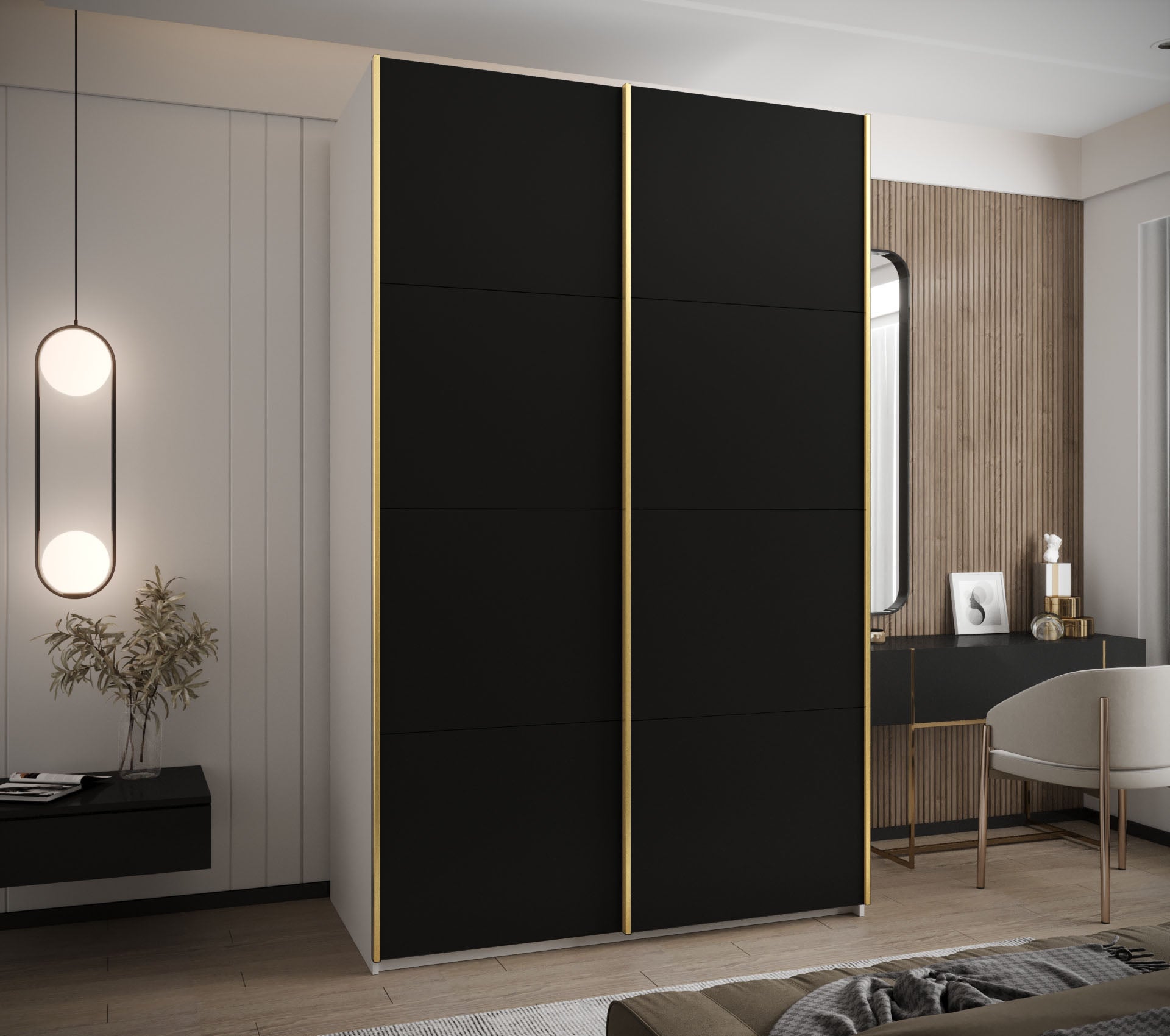 Szafa przesuwna wysoka Lux 1 160 x 64 x 245,5 cm biały + czarny + u. złoty - Abiks Meble - 2
