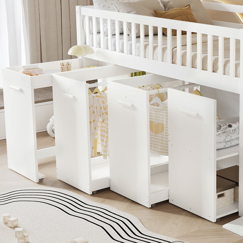 Lit superposé pour enfants 90x200 cm , lit multifonctionnel avec garde-corps, bureau/penderie/armoire avec 2 armoires de rangement, pin + MDF, blanc - 5