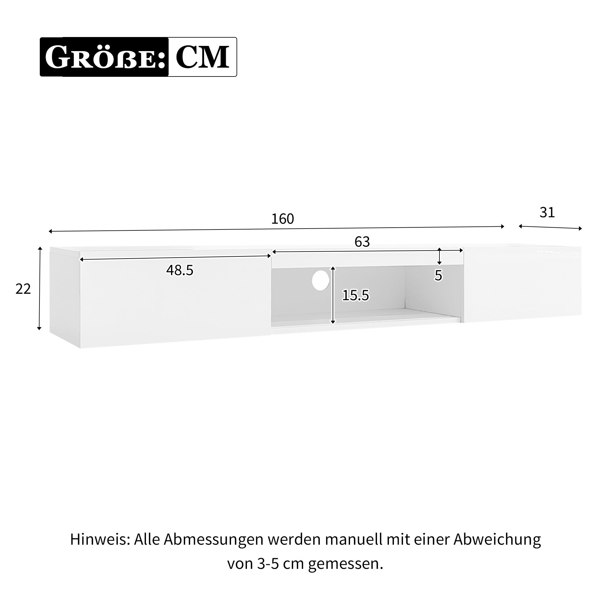 Meuble TV suspendu avec 2 portes et compartiment ouvert - 160 x 31 x 22 cm - LEDs - Panneau de particules - Blanc brillant - 9